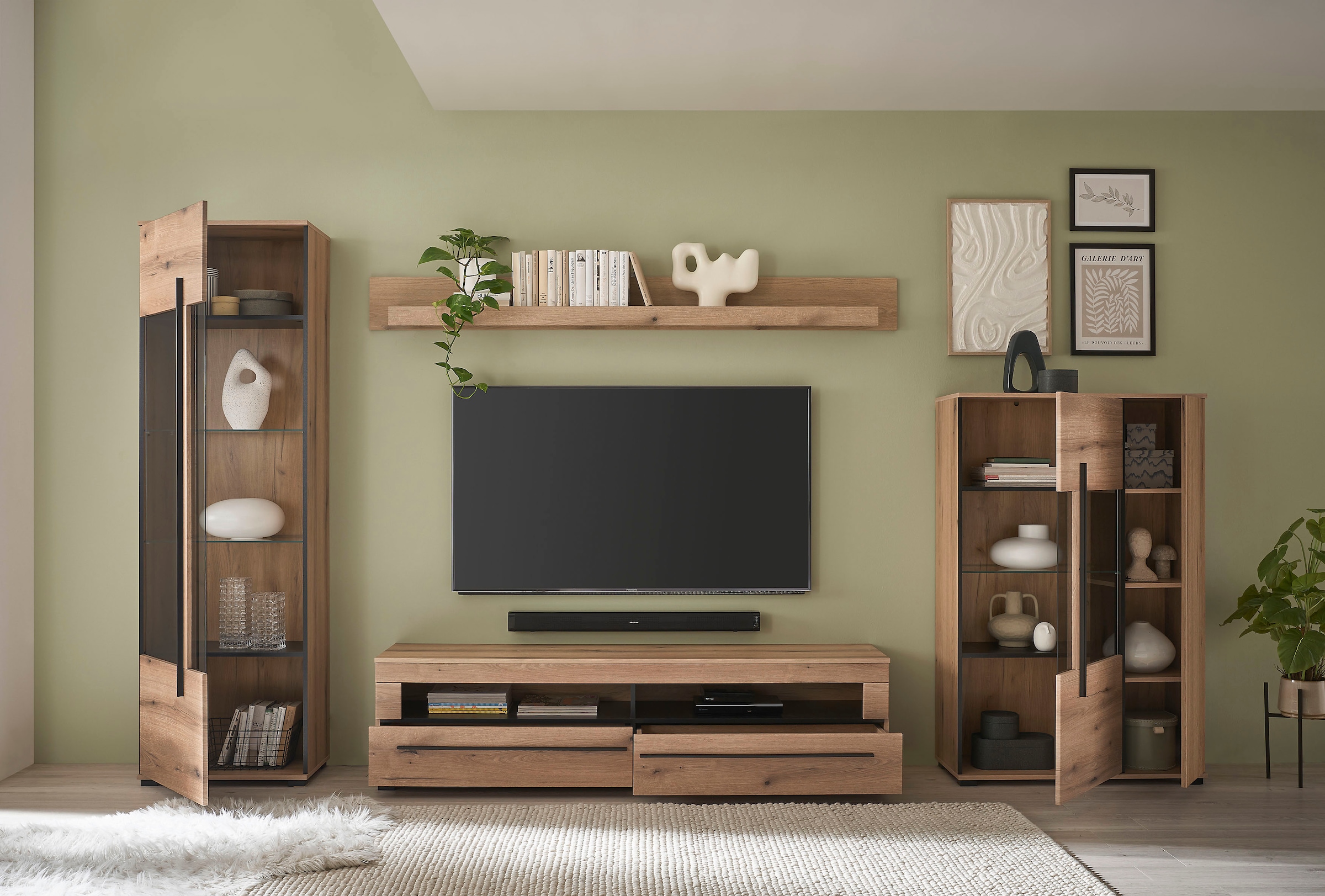 INOSIGN Wohnwand »Cantara, moderne Anbauwand, Wohnzimmer-Set, in Eiche Evoke oder Weiss«, (Set, 4 St.), enthält zwei Vitrinen, ein Lowboard und ein Wandboard