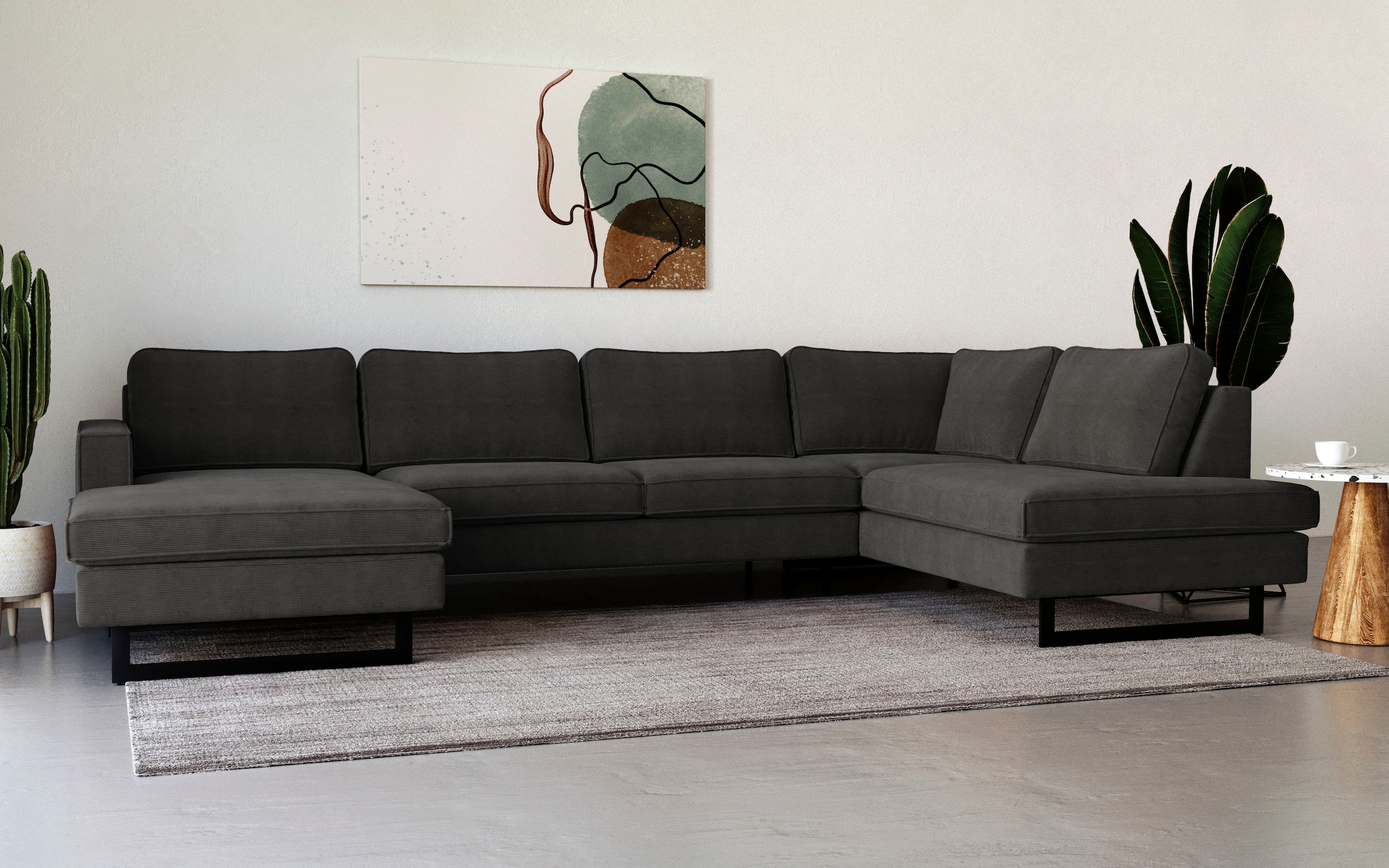 Places of Style Wohnlandschaft »Pinto, 350 cm, U-Form, XXL, mit Ottomanen«, Cord, Chenille, Lederoptik, mit Keder, Metallfüsse, Wellenunterfederung