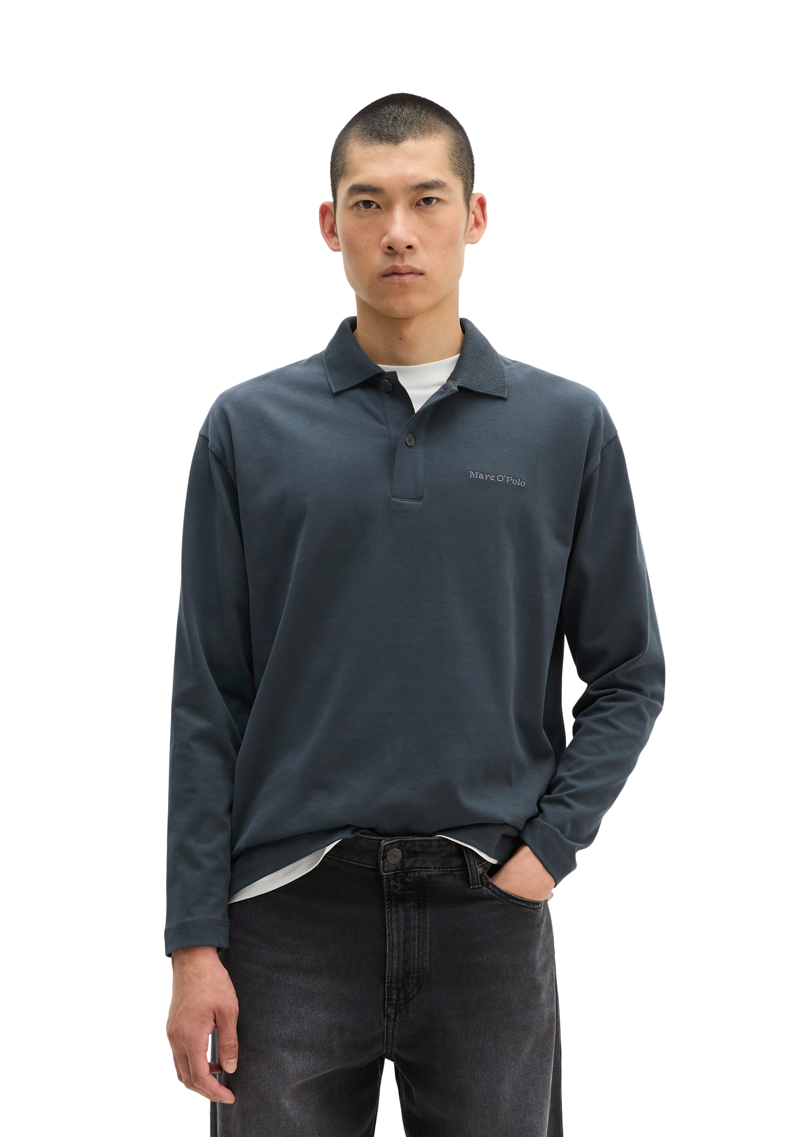 Image of Marc OPolo Langarm-Poloshirt relaxed aus schwerem Bio-Baumwoll-Jersey