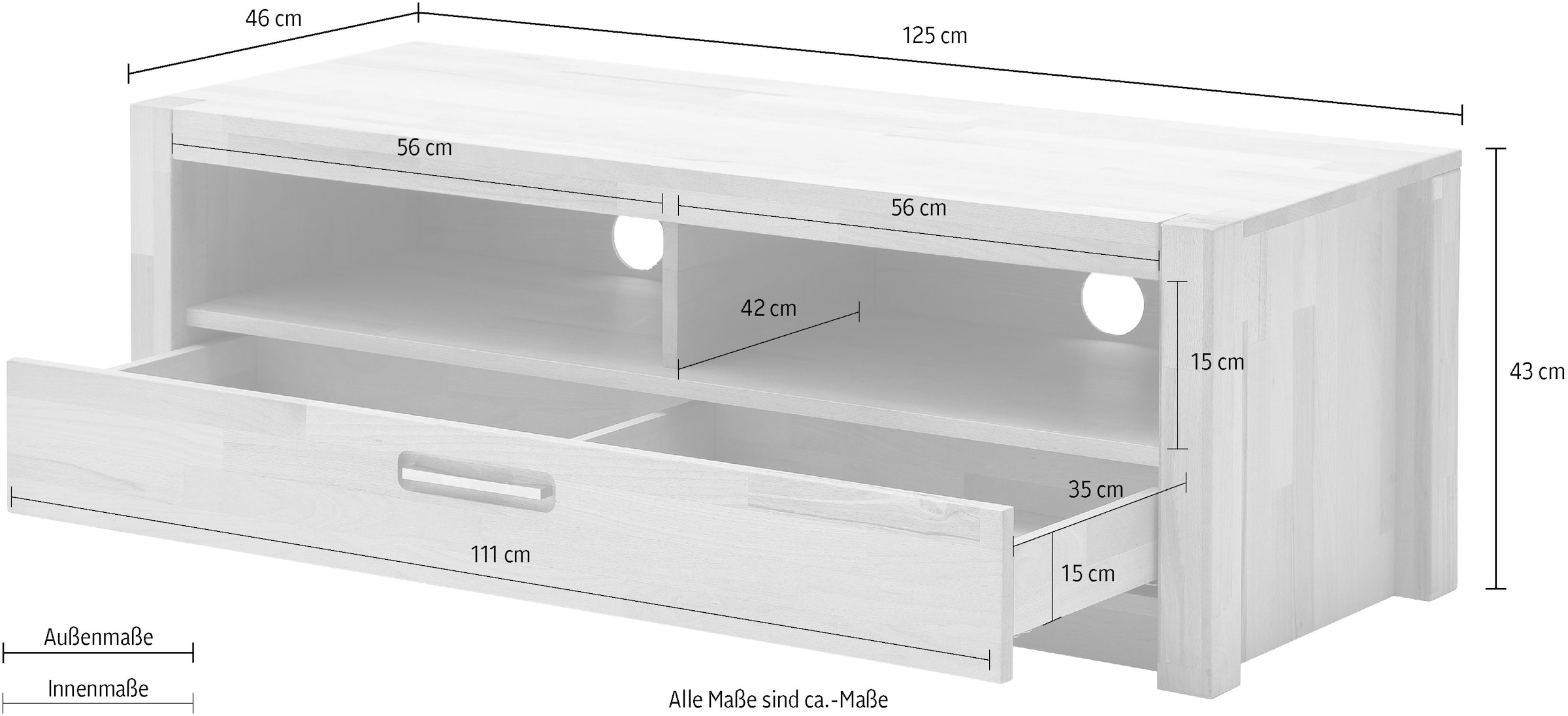 MCA living Lowboard »Fenja TV-Element, Kommode,TV-Möbel,Breite 125 cm« Set, 1 Stück, 1 Stk. tlg. Massivholz, 1 Schubkasten, 2 offene Fächer, maximale TV-Grösse 50 Zoll