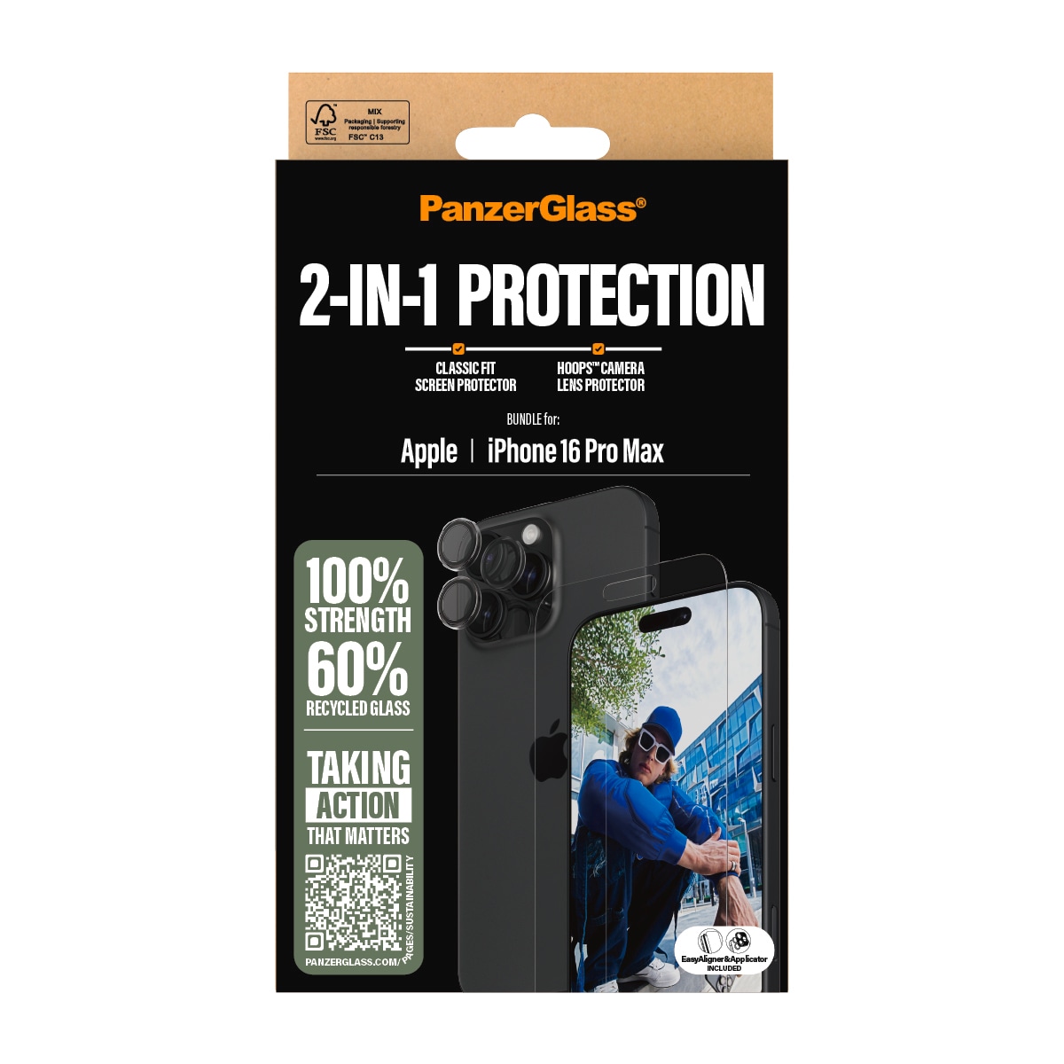 PanzerGlass Displayschutzglas »2-in-1 Protection, Glass, Lens Protector«, für Apple iPhone 16 Pro Max, Displayschutzfolie, Schutzfolie, Bildschirmschutz, kratz- & stossfest