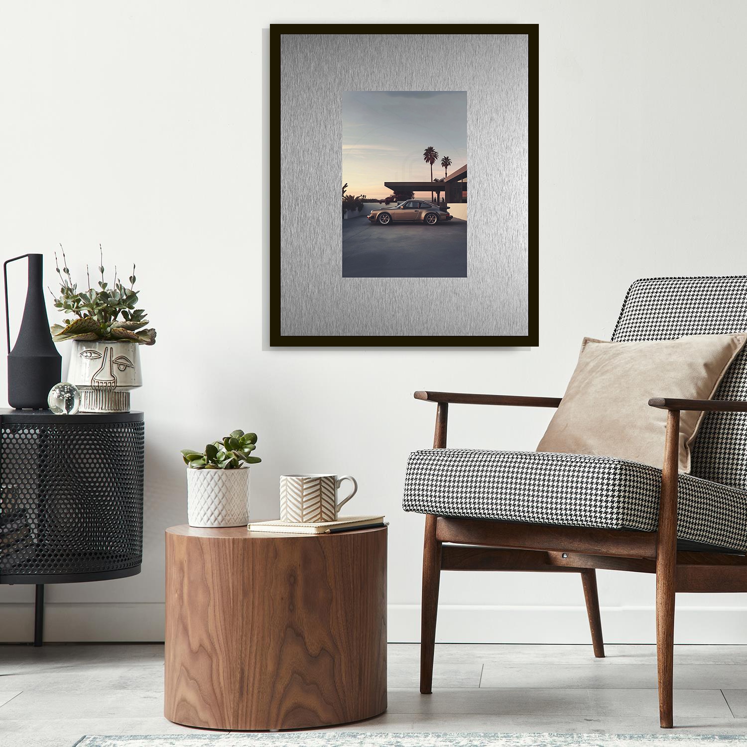 queence Bild »Trend Wandbild, Wandkunst, Kunstdruck "Rennwagen in Palm Springs"« Amerika | Auto | Fashion 1 Stk. tlg. inkl. Passepartout aus hochwertigem Aluminium und schwarzem Rahmen