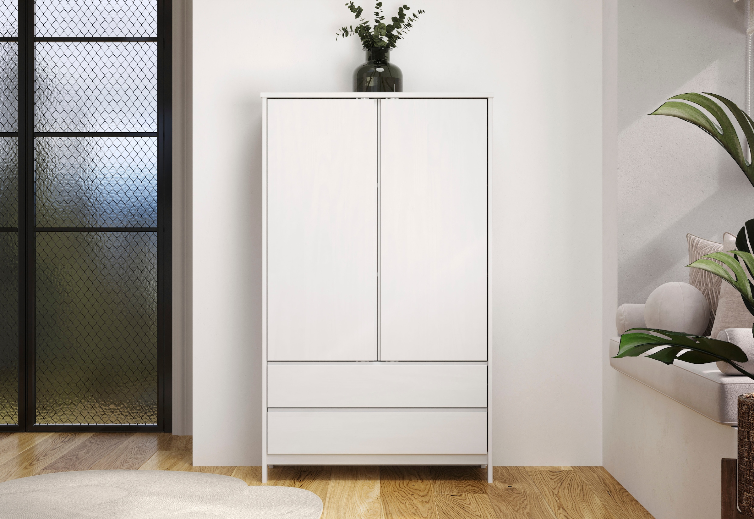 Home affaire Kleiderschrank »Aarhus« 1 Stk. tlg. Weisser, griffloser Massivholz Schrank - Mit 2 praktischen Schubladen