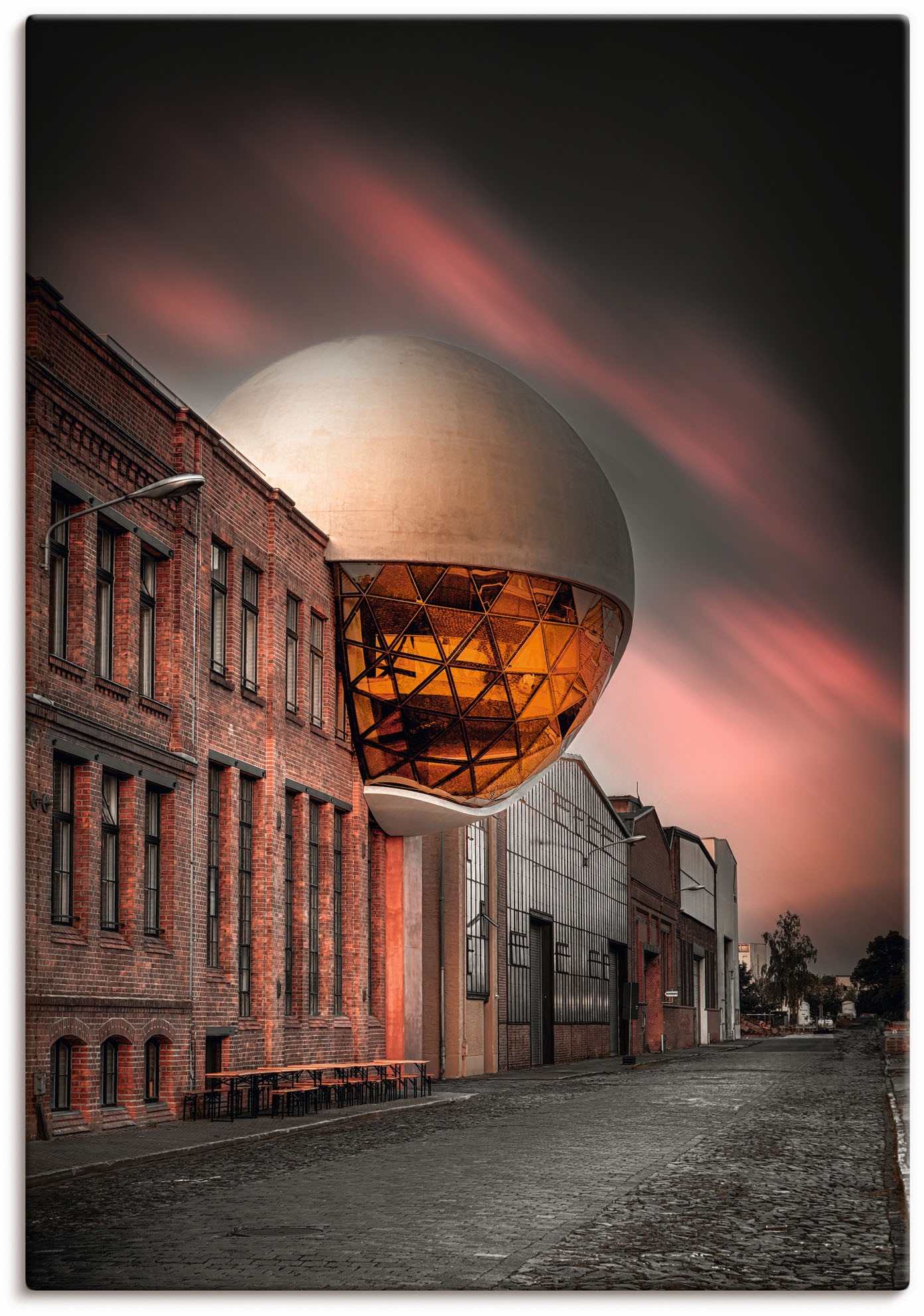 Image of Artland Wandbild »Niemeyer Sphere Leipzig Sonnenuntergang«, Gebäude, (1 St.), in vielen Grössen & Produktarten - Alubild / Outdoorbild für den Aussenbereich, Leinwandbild, Poster, Wandaufkleber / Wandtattoo auch für Badezimmer geeignet bei Ackermann Versa