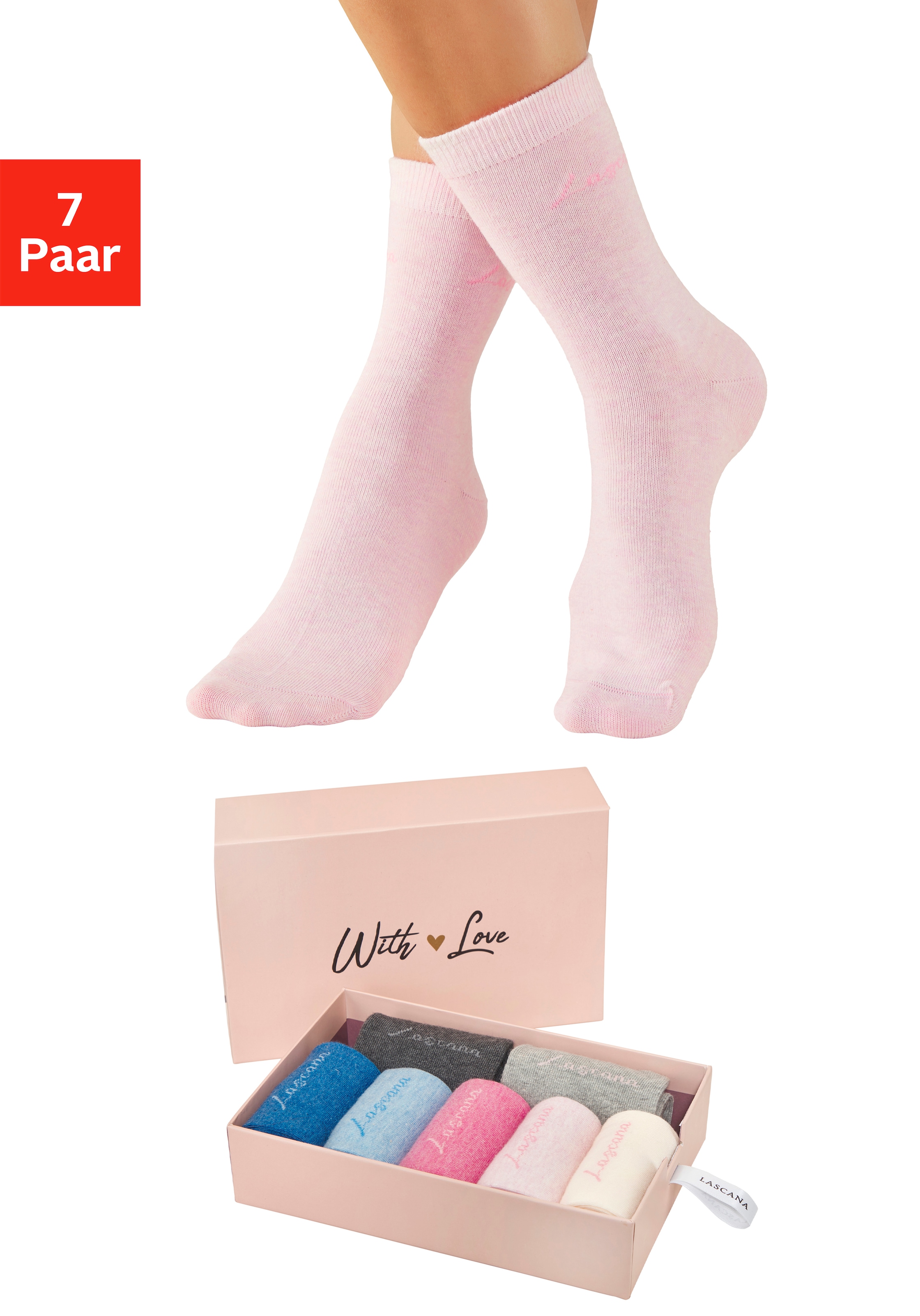 Image of LASCANA Basicsocken "für Damen mit eingestricktem Markenlogo" Box, 7 Stk. tlg. in ansprechender Geschenkbox