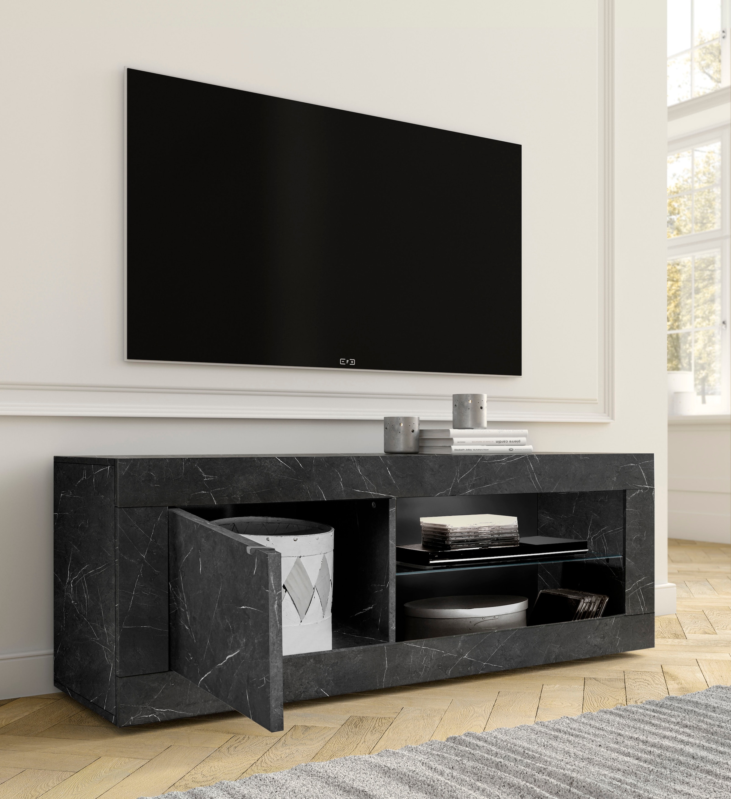 INOSIGN Lowboard »Basic Breite 140 cm, TV-Board 1 Tür, 2 offene Fächer (Glasboden),«, TV-Kommode, Metallgriff, moderne Rahmenoptik, Farbauswahl