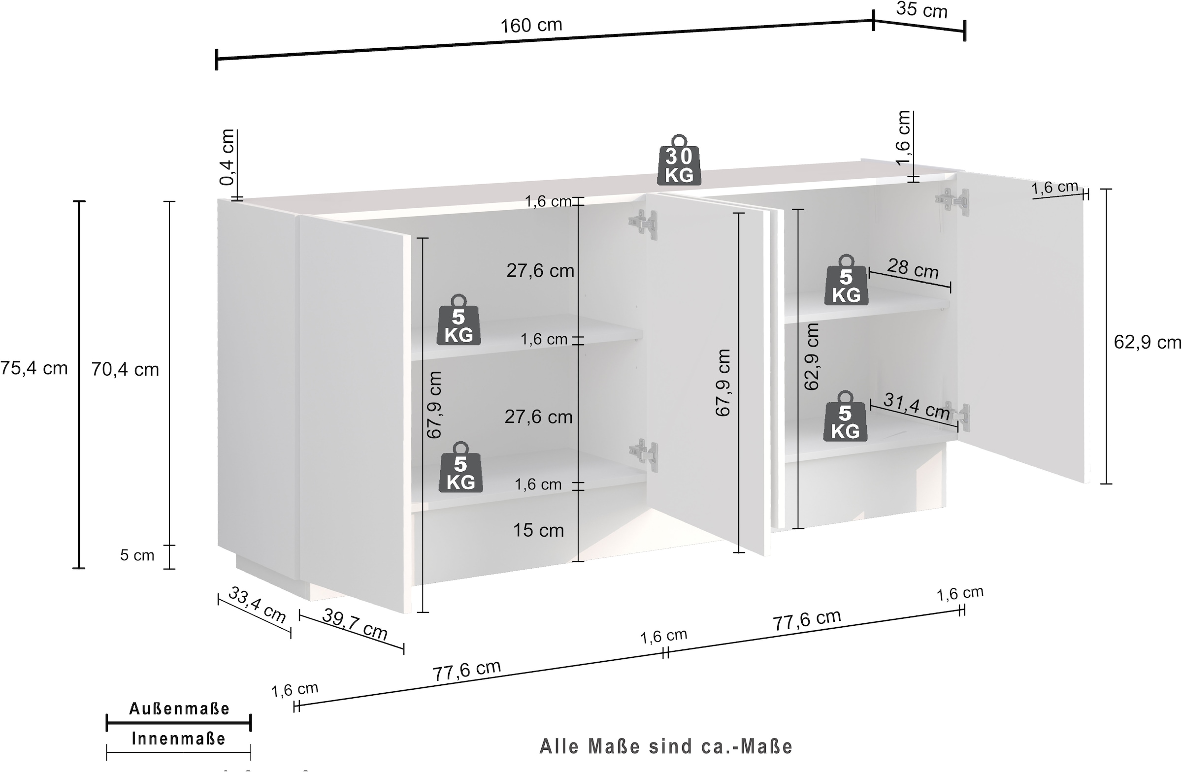 INOSIGN Sideboard »VELA, Sideboard, Breite 160 cm, Design mit schrägen Türen«, (1 St.), Made in Italy, Masse-B/T/H: 160x35x75,Sideboard, Anrichte, Kommode