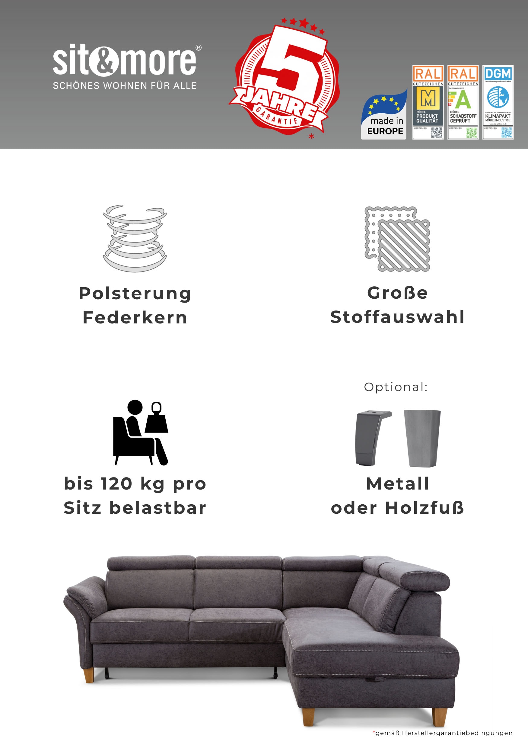 sit&more Fauteuil »Arngast« avec ressorts ensachés et réglage de l’appuie-tête