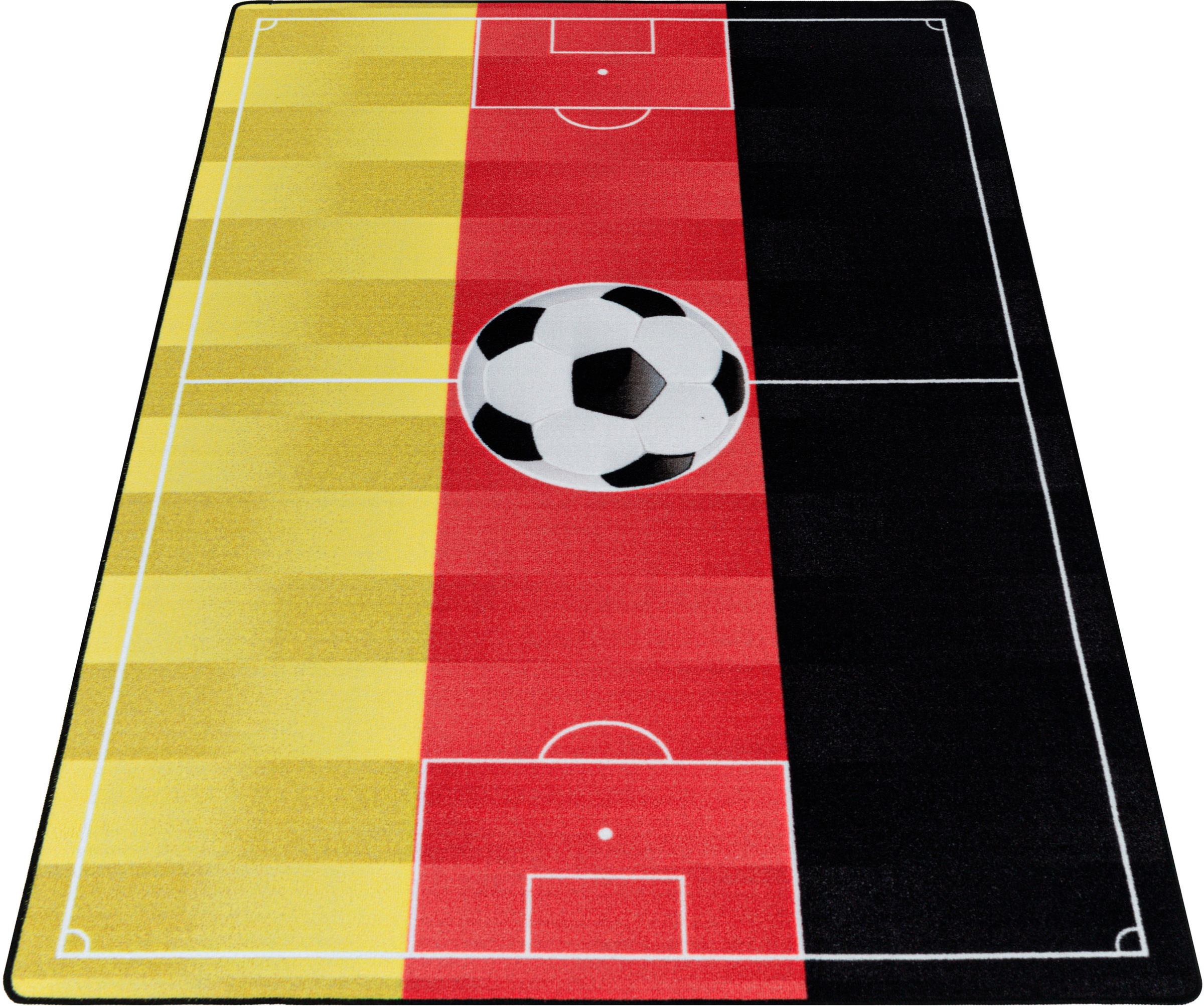 Image of Ayyildiz Teppiche Kinderteppich »PLAY«, rechteckig, 6 mm Höhe, robuster Kurzflor, Fussball, schwarz rot gold,Deutschland, Kinderzimmer bei Ackermann Versand Schweiz