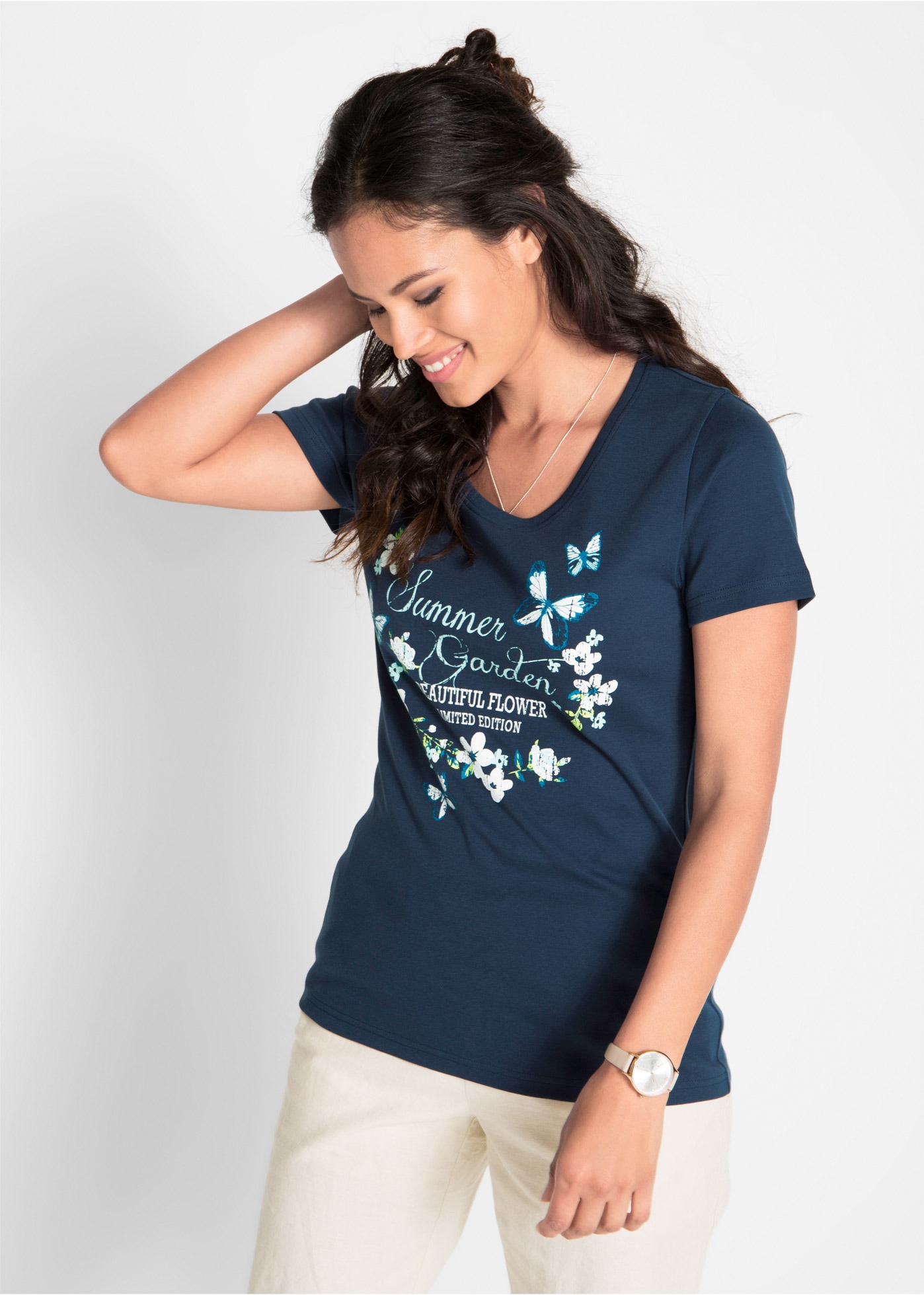 Image of bonprix T-Shirt "Baumwoll Shirt, Kurzarm" leicht taillierte Passform, Kurzarm-Design, Rundhalsausschnitt