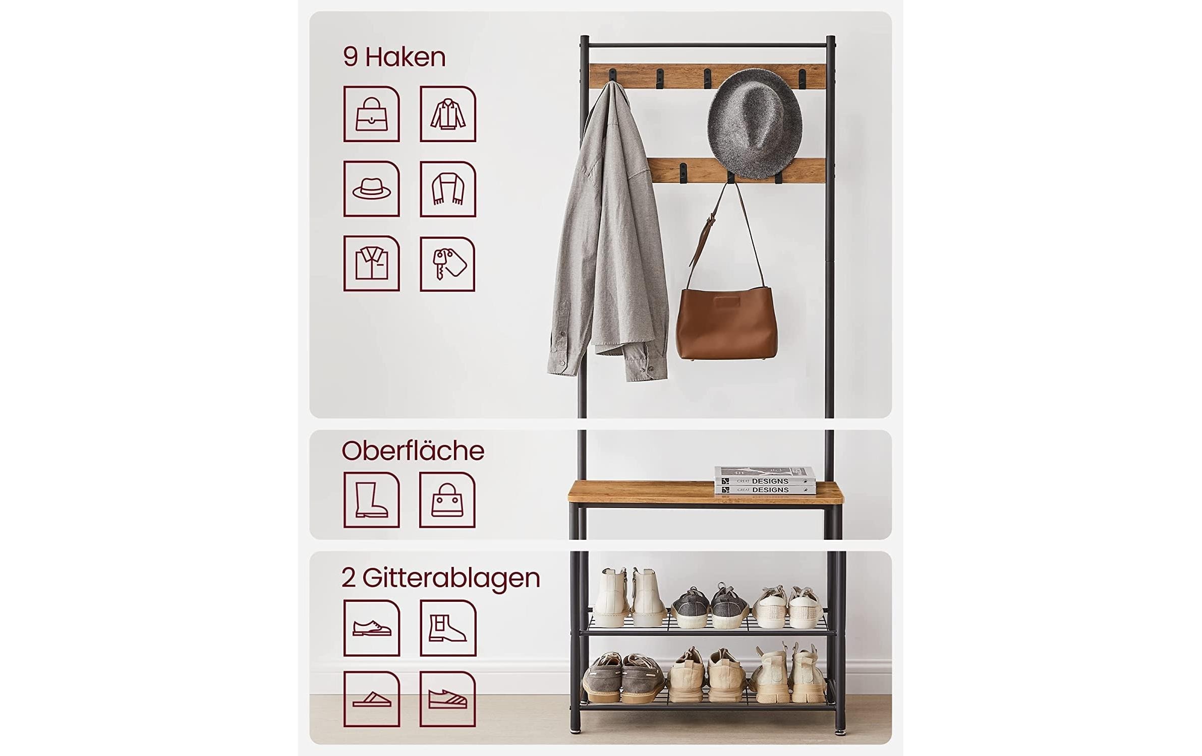 VASAGLE Schuhregal »VASAGLE Garderobe mit Schuhregal 32 cm x 175 cm, Braun/Schwarz«