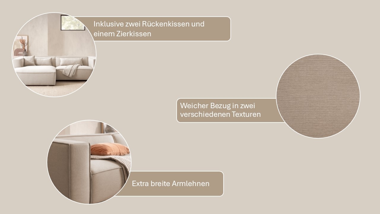 LeGer Home by Lena Gercke Ecksofa »PIARA mit Kedernaht in Cord oder Leinenoptik, moderne Couch in L-Form«, wahlweise Ottomane rechts/links, schwarze Füsse, bequemer Sitzkomfort