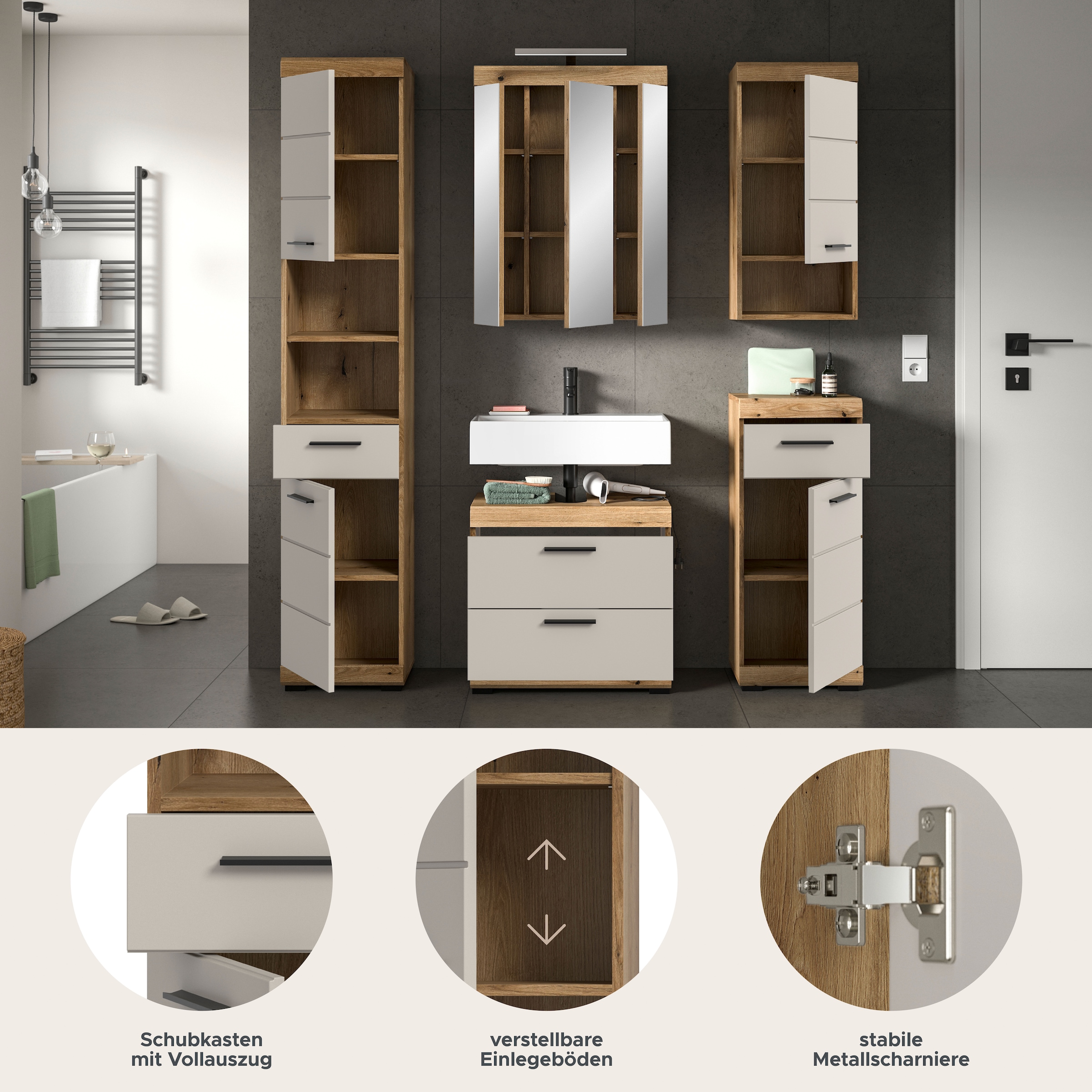 welltime Badmöbel-Set »Siena, 5 teilig, inklusive LED Beleuchtung, bestehend aus:« Set, TOPSELLER!, 