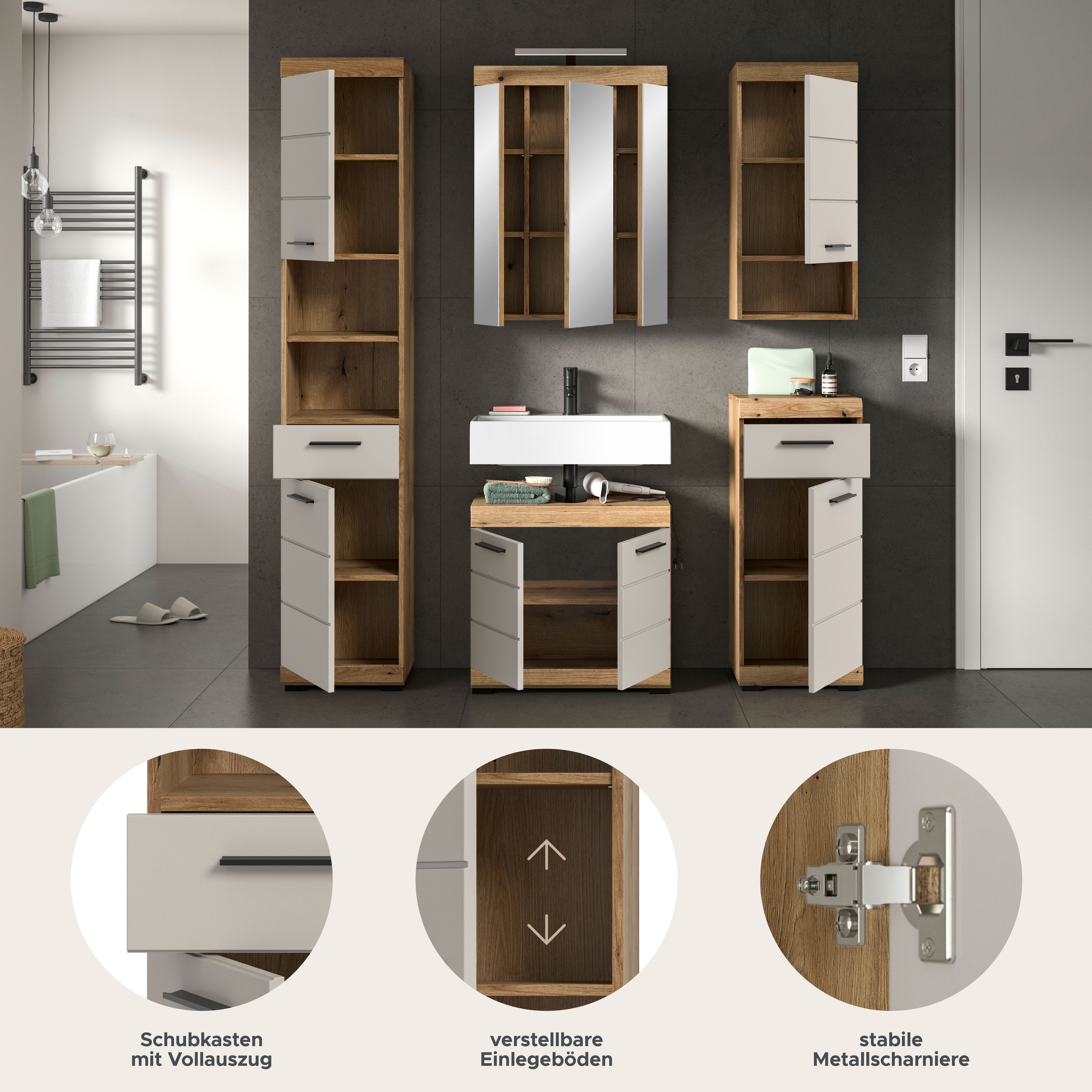 welltime Badmöbel-Set »Siena, 5 teilig, inklusive LED Beleuchtung, bestehend aus:« Set, TOPSELLER!, 5 Stk. tlg.