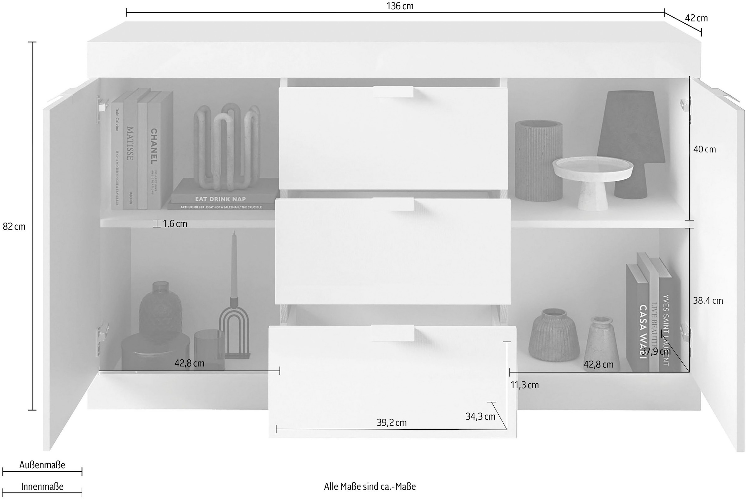 INOSIGN Sideboard »Slim«, Breite 136 cm, weiss Hochglanz Lack