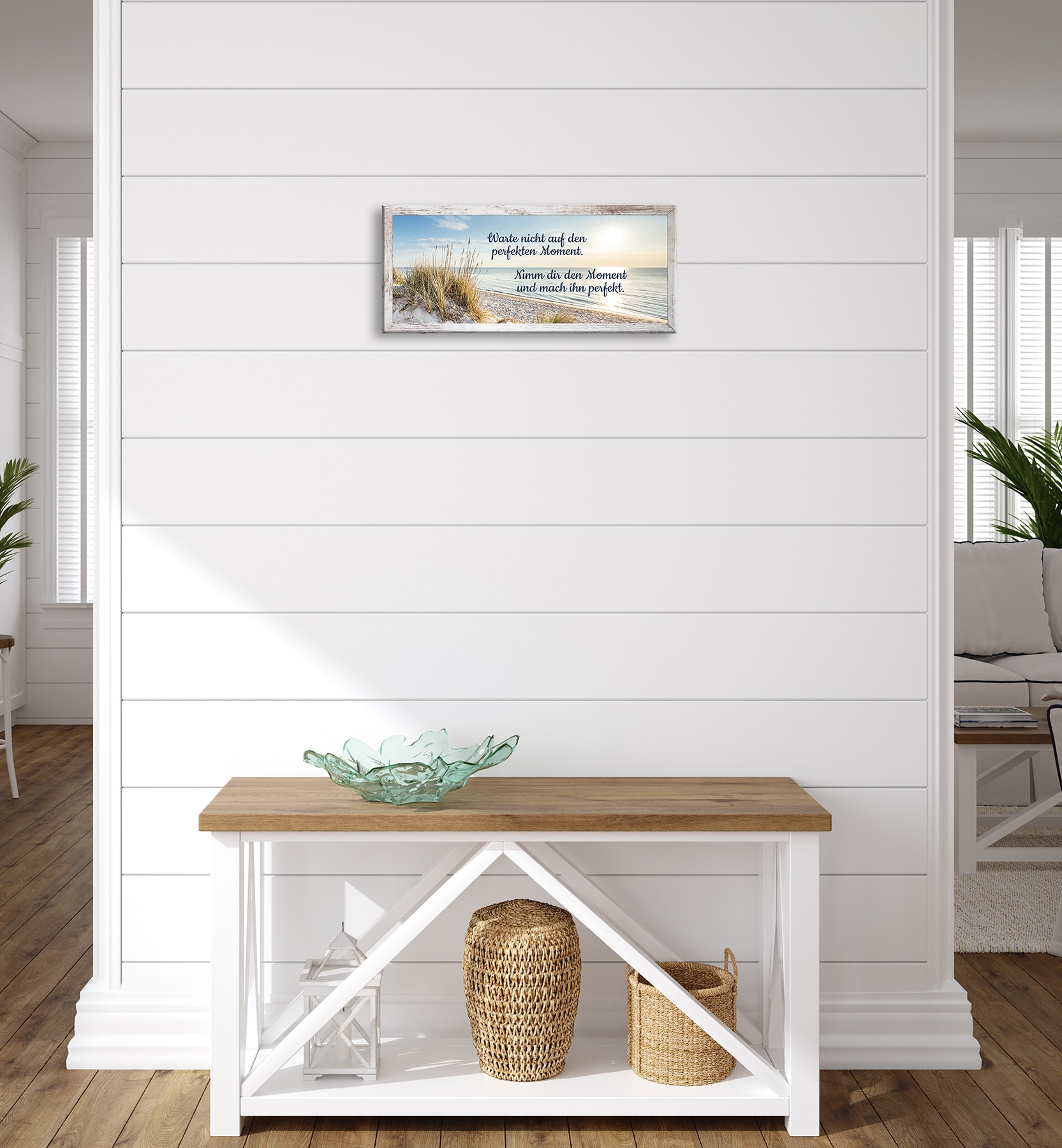 Bönninghoff Tableau avec cadre »Wandbild gerahmt STRAND MIT SPRUCH MOMENT 23x49 cm – Natur Wanddeko« Citations | Citations et textes | Images de coucher et lever de soleil | Plage 1 cuis tlg. avec cadre décoratif