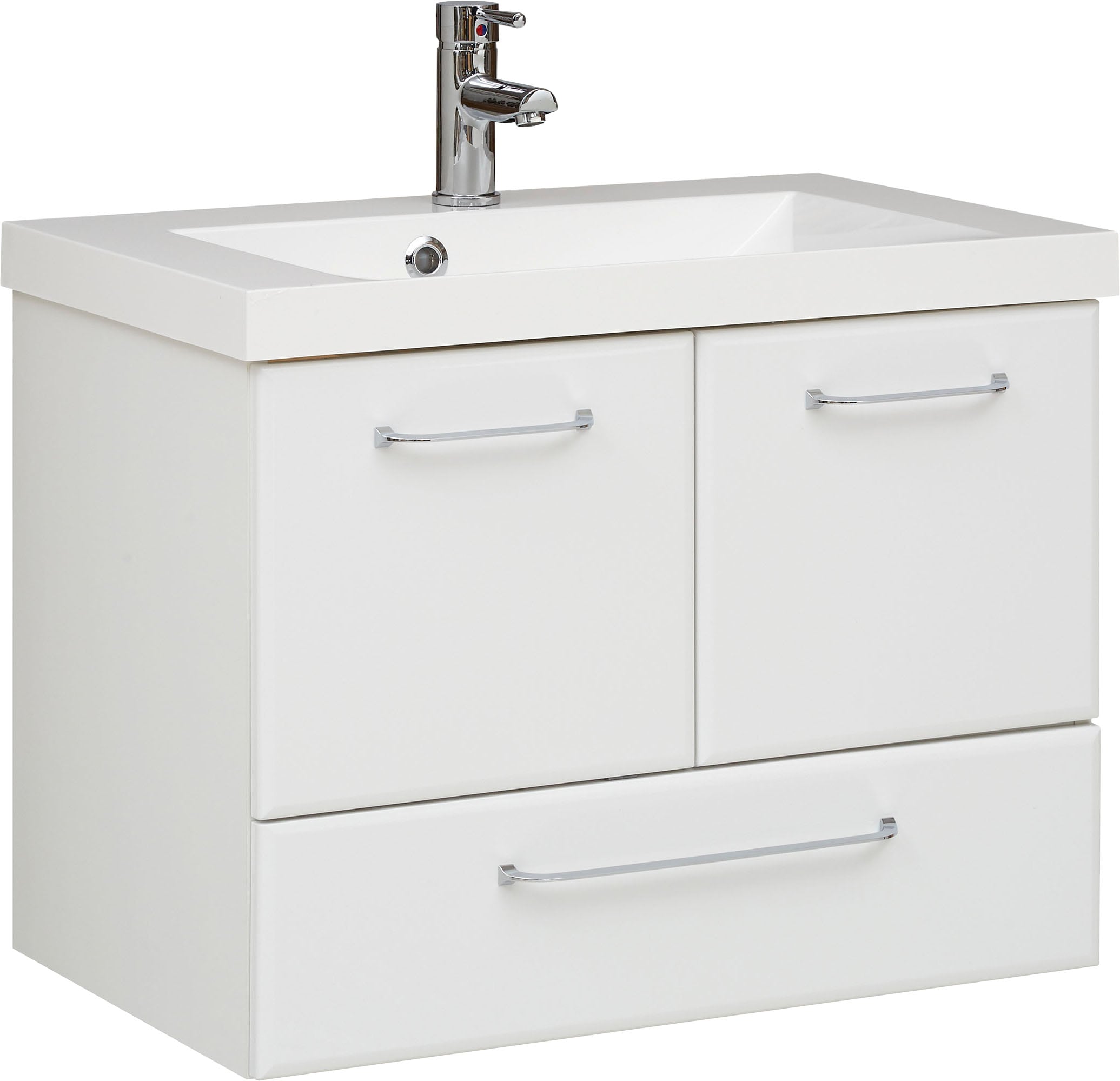Saphir Waschtisch »Quickset Mineralmarmor-Waschtisch mit Unterschrank, 74 cm breit« Wachplatz, Griffe Chrom Glanz, inkl. Türdämpfer, 2 Türen, 1 Schublade