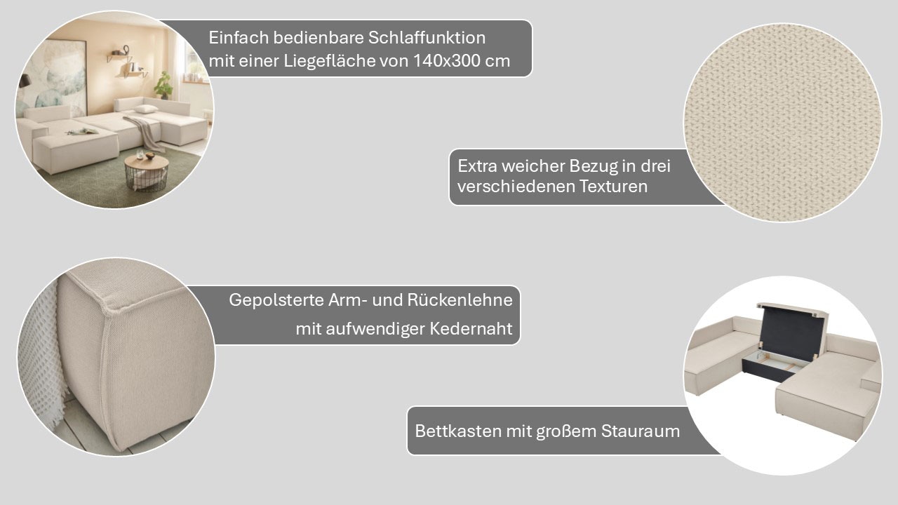 andas Wohnlandschaft »FINNLEY U-Form XXL 329 cm, Schlafsofa, Schlaffunktion m. Bettkasten«, (194/139 cm), Bouclé, Struktur und Cord