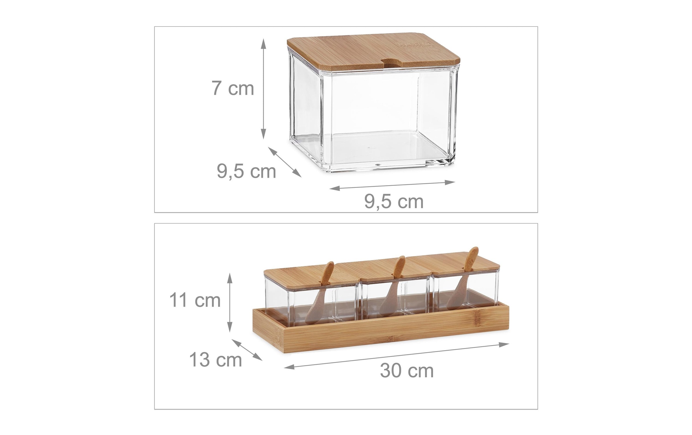 Pots à épices, lot de 3, bocaux avec cuillère et couvercle, plastique, bambou, plateau, cuisine, transparent - Relaxdays