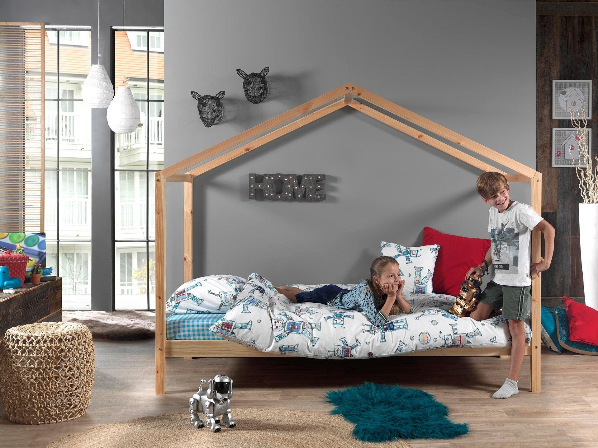 Vipack Lit de maison »Dallas« Fabriqué en Europe,  au choix avec tiroir de lit ou ciel de lit en tissu, version naturel ou blanc