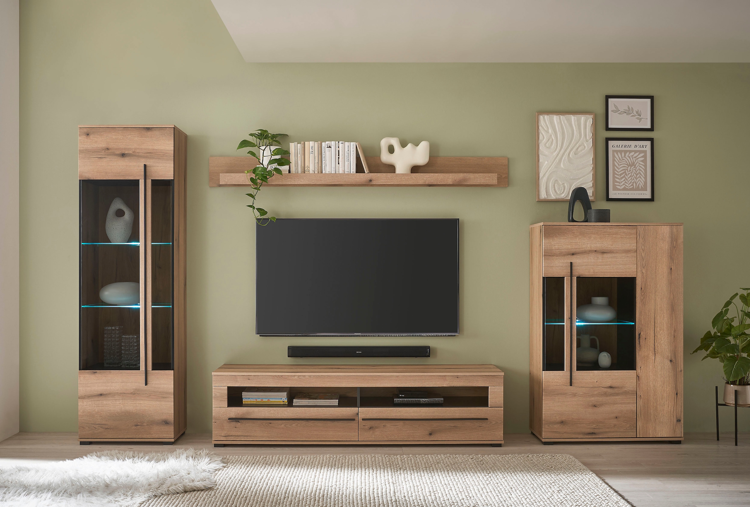 INOSIGN Wohnwand »Cantara, moderne Anbauwand, Wohnzimmer-Set, in Eiche Evoke oder Weiss«, (Set, 4 St.), enthält zwei Vitrinen, ein Lowboard und ein Wandboard