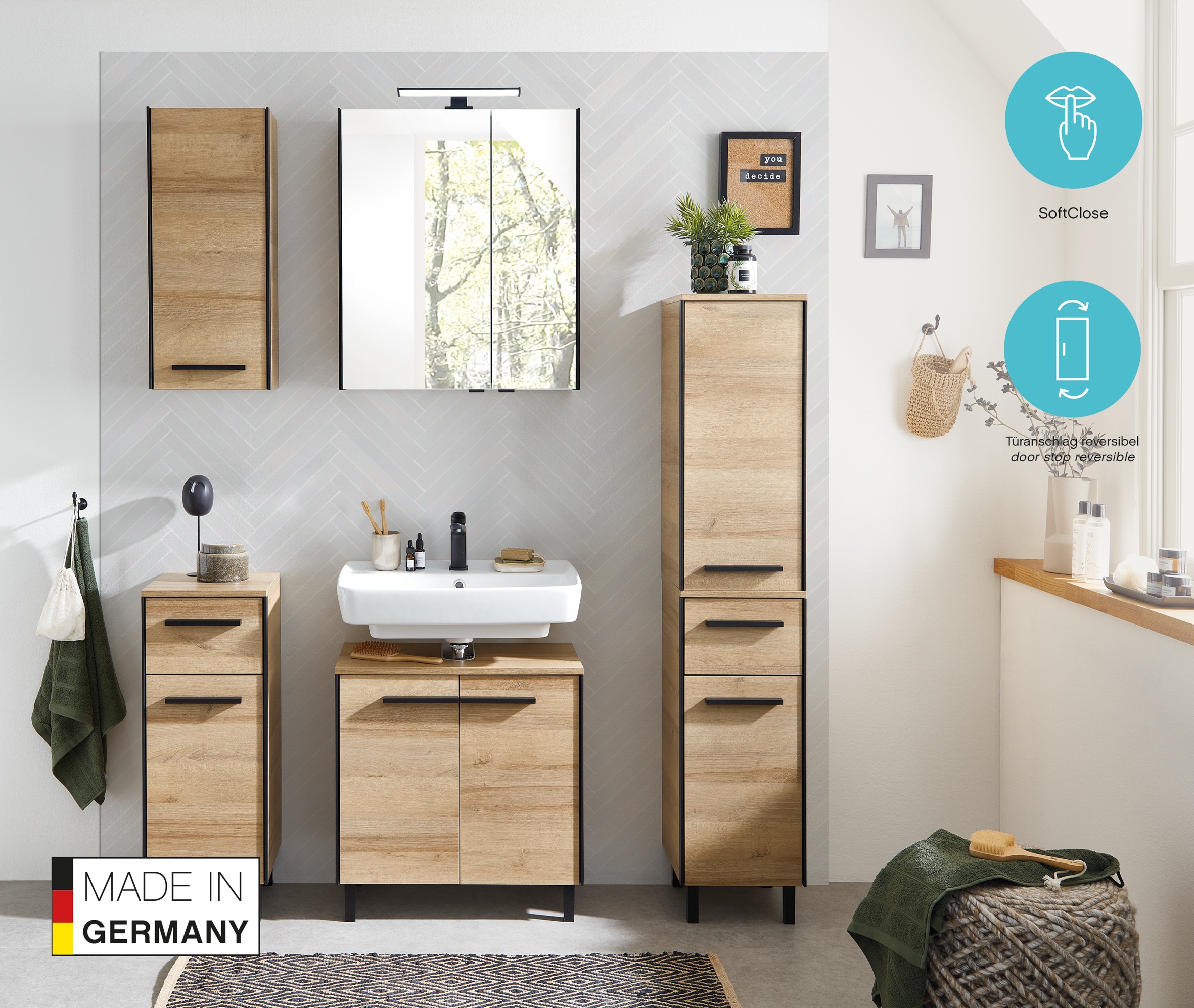 Saphir Armoire basse »Quickset 395 Badschrank, 1 Tür, 1 Schublade, 30cm breit, Griff Schwarz« meubles de salle de bain incl. amortisseurs de porte, imitation chêne Riviera horizontal