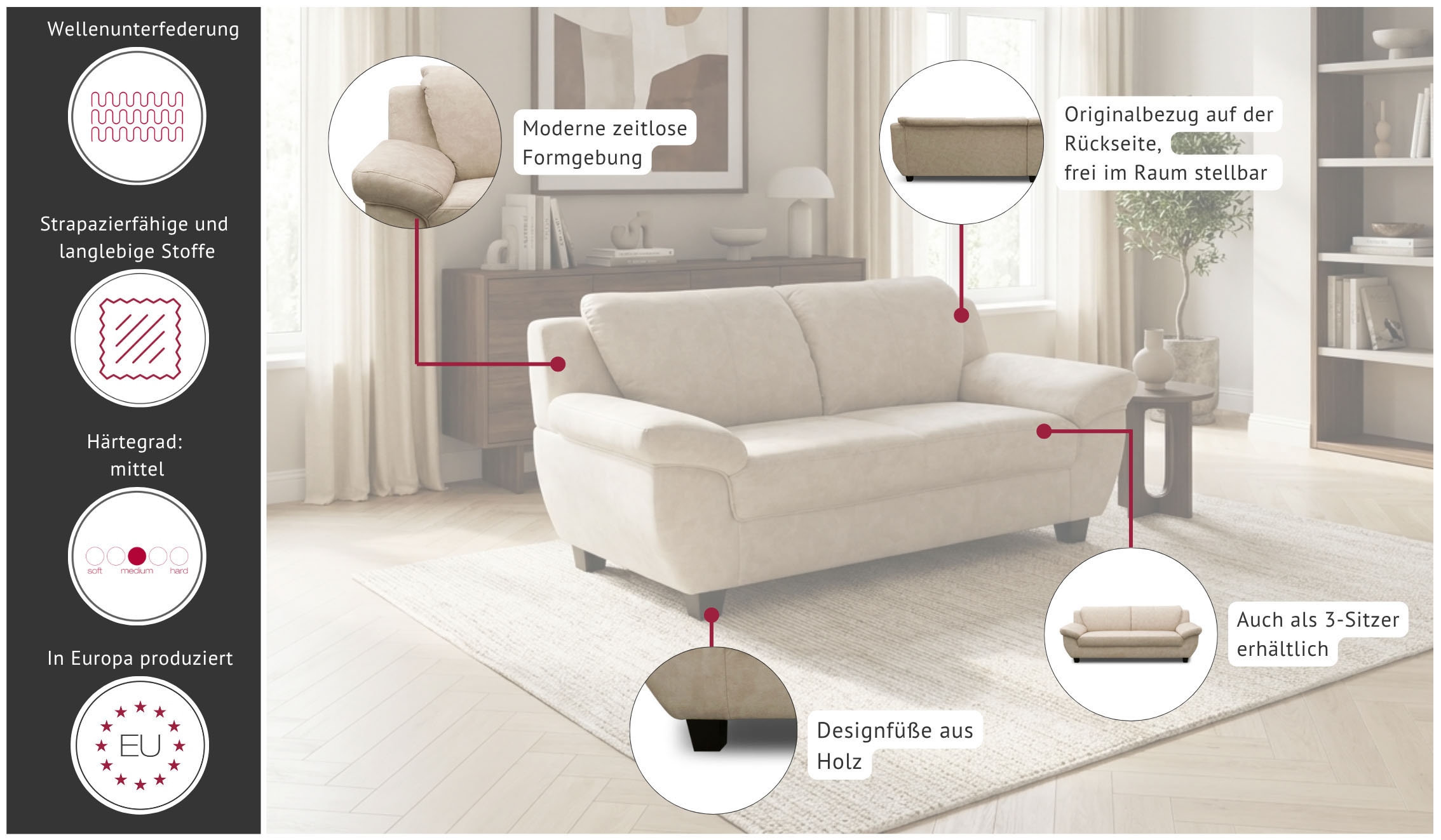 GOODproduct 2-places »Silkeborg 161 cm, formschönes Sofa mit dunklen Füssen« en microfibre de luxe douce et facile d'entretien
