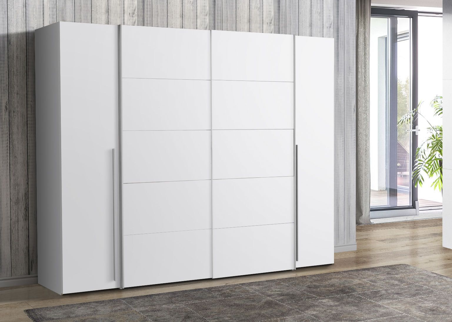 FORTE Armoires à vêtements »Narago, Kombischrank, modernes Design« L/H/P env. 270/210/61 cm, aussi avec équipement premium,  Combinaison de portes coulissantes avec portes latérales battantes, Fabriqué en Europe
