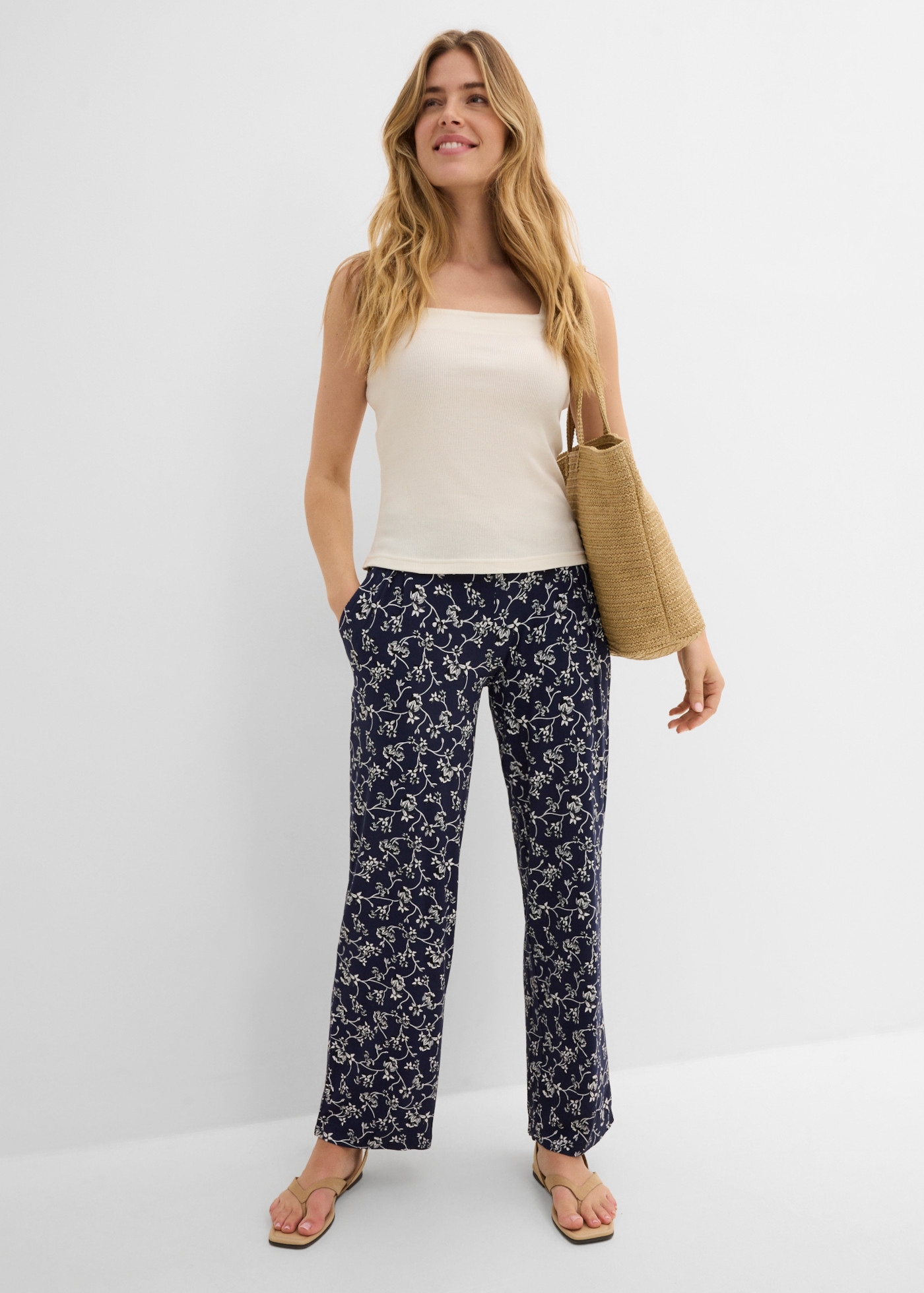bonprix Pantalon palazzo  en viscose et élasthanne, avec ceinture confortable, forme longue et fluide