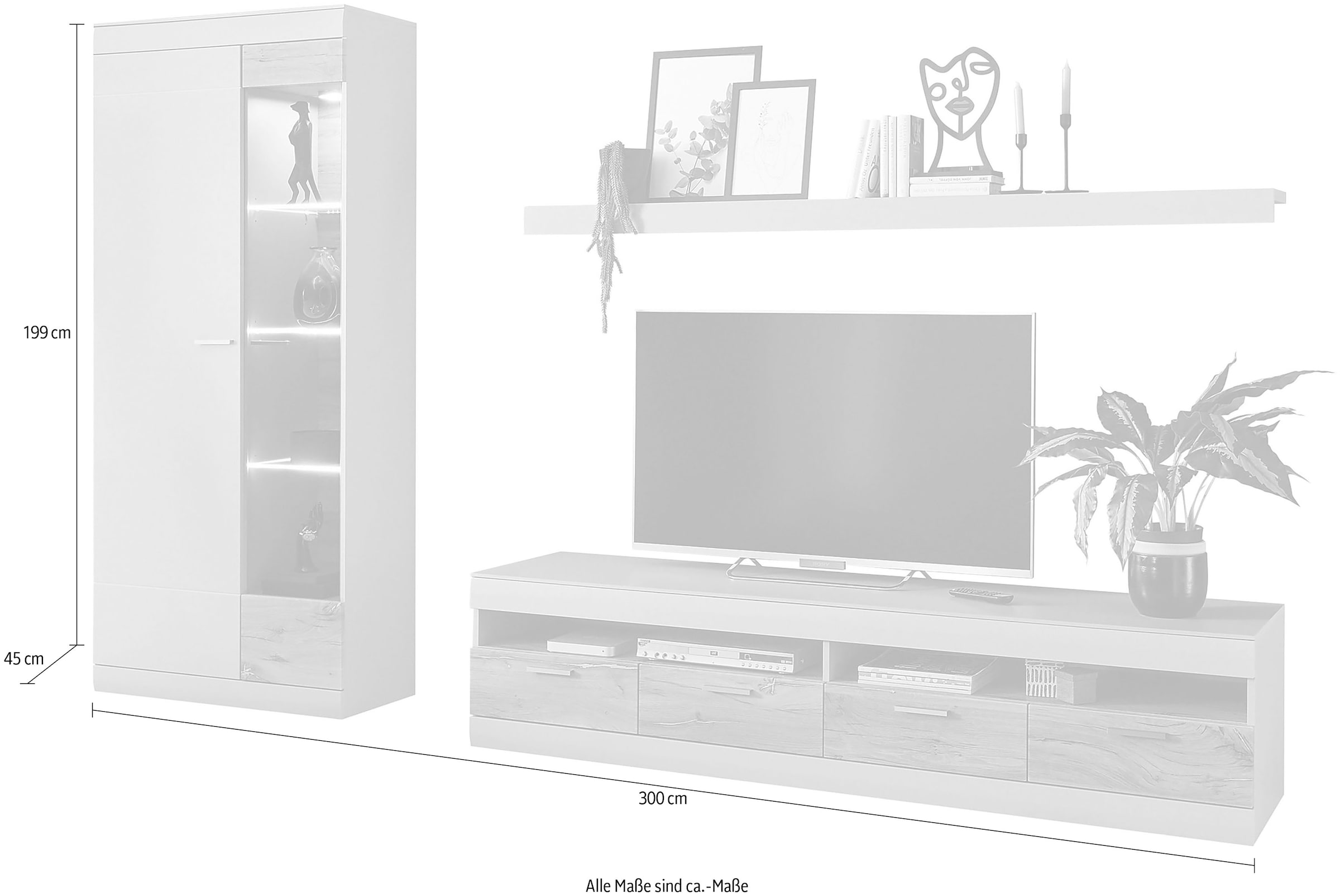 INOSIGN Wohnwand »SCARA«, (3 St.), trendige Farbe mit Applikation Zinneiche Dekor, mit Softclose-Funktion