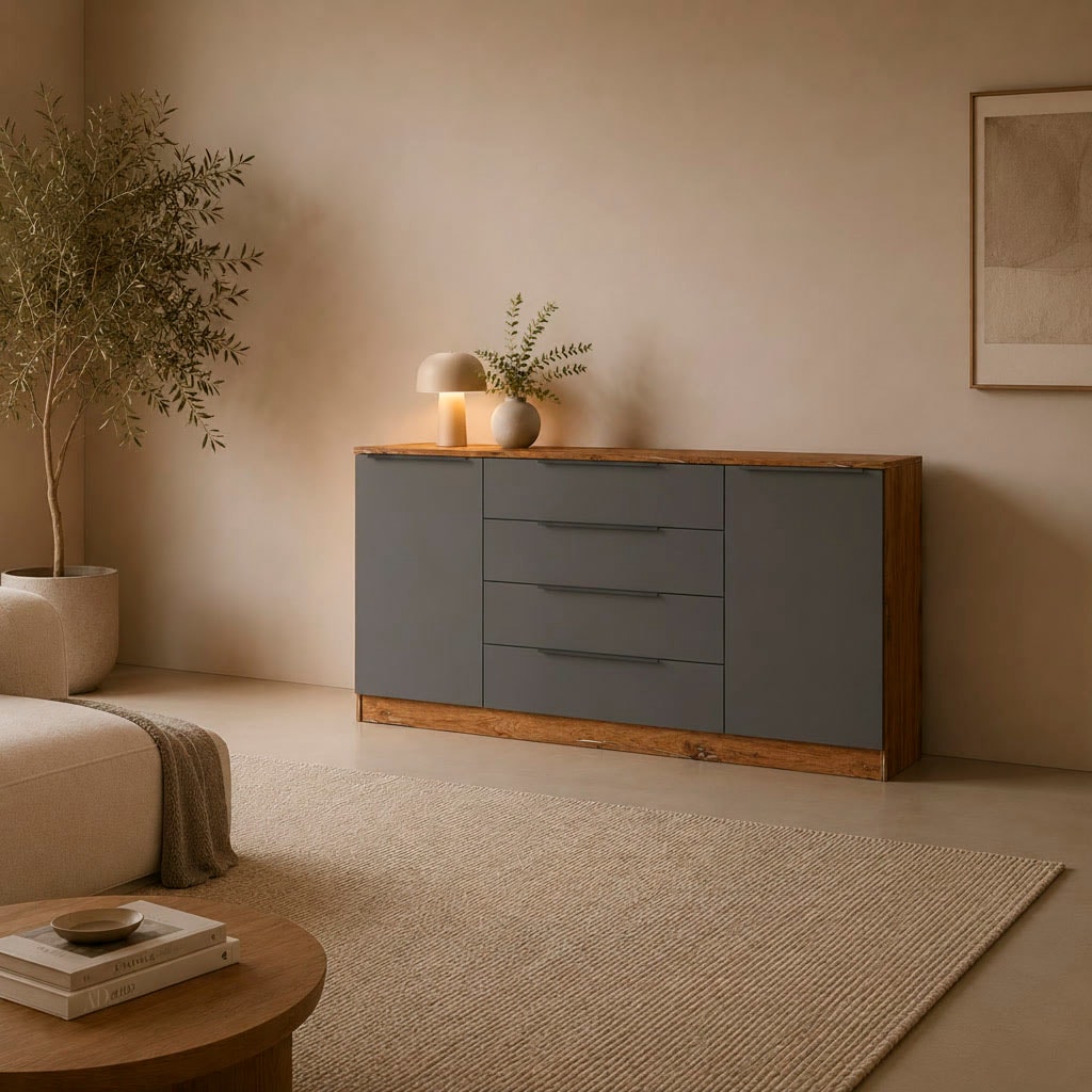 borchardt Möbel Buffet »Tom, moderne Kommode mit dunklen Metallgriffen« 166 cm, 2 portes 4 tiroirs, étagères réglables, beaucoup d'espace de rangement