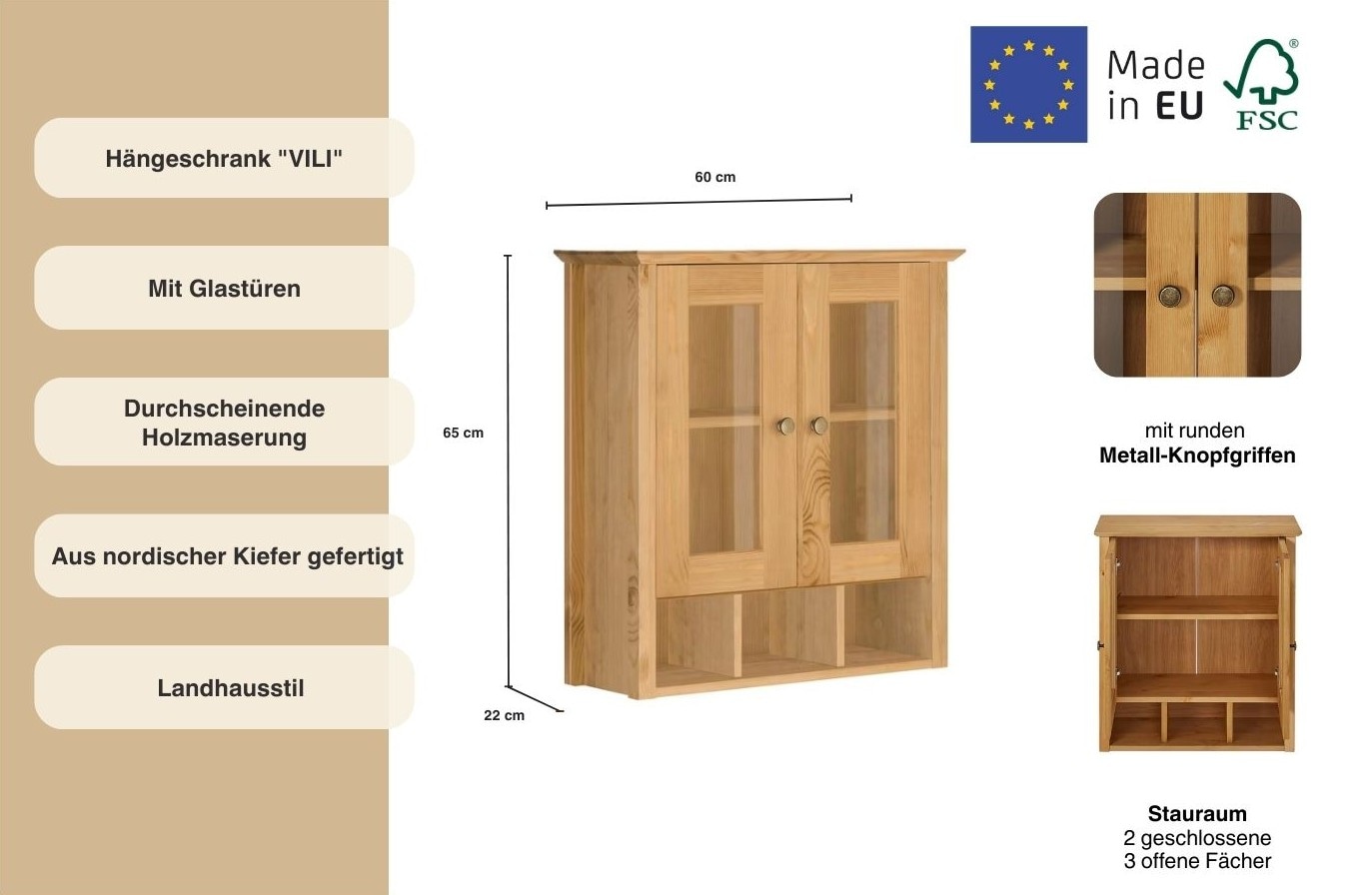 Home affaire Armoire suspendue »Vili« Badezimmerschrank, mit Glastüren, Breite 60 cm, aus Massivholz
