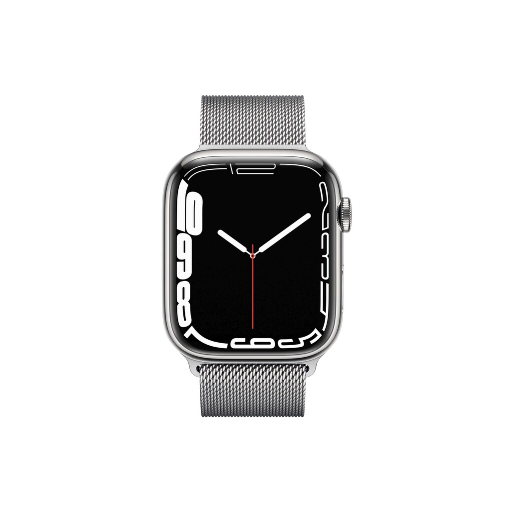 Apple Smartwatch »Serie 7, GPS, 45 mm Edelstahlgehäuse mit Milanaise-Armband«, (Watch OS MKJW3FD/A)