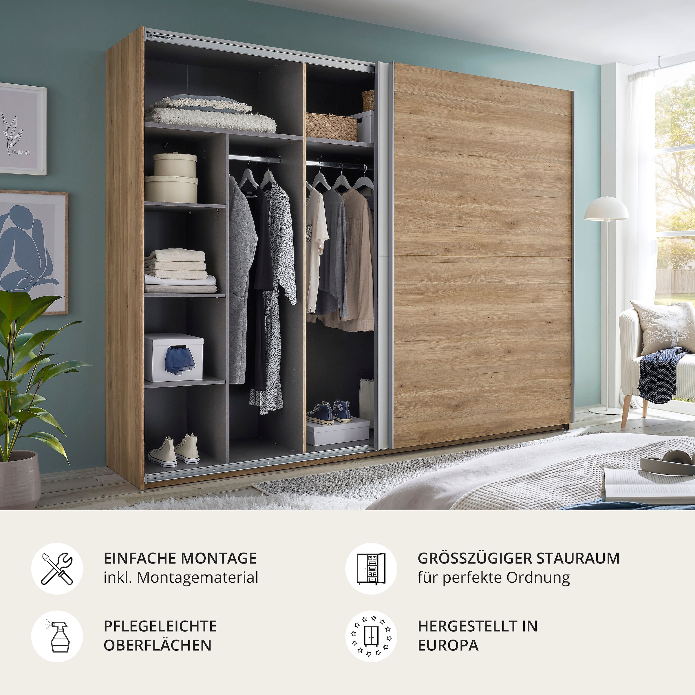 Schlafkontor Armoire à portes coulissantes »Mesio, 2-türiger Kleiderschrank, Schiebetürenschrank mit viel Stauraum« inklusive Hoteleinteilungen aussen und Einlegeböden oben