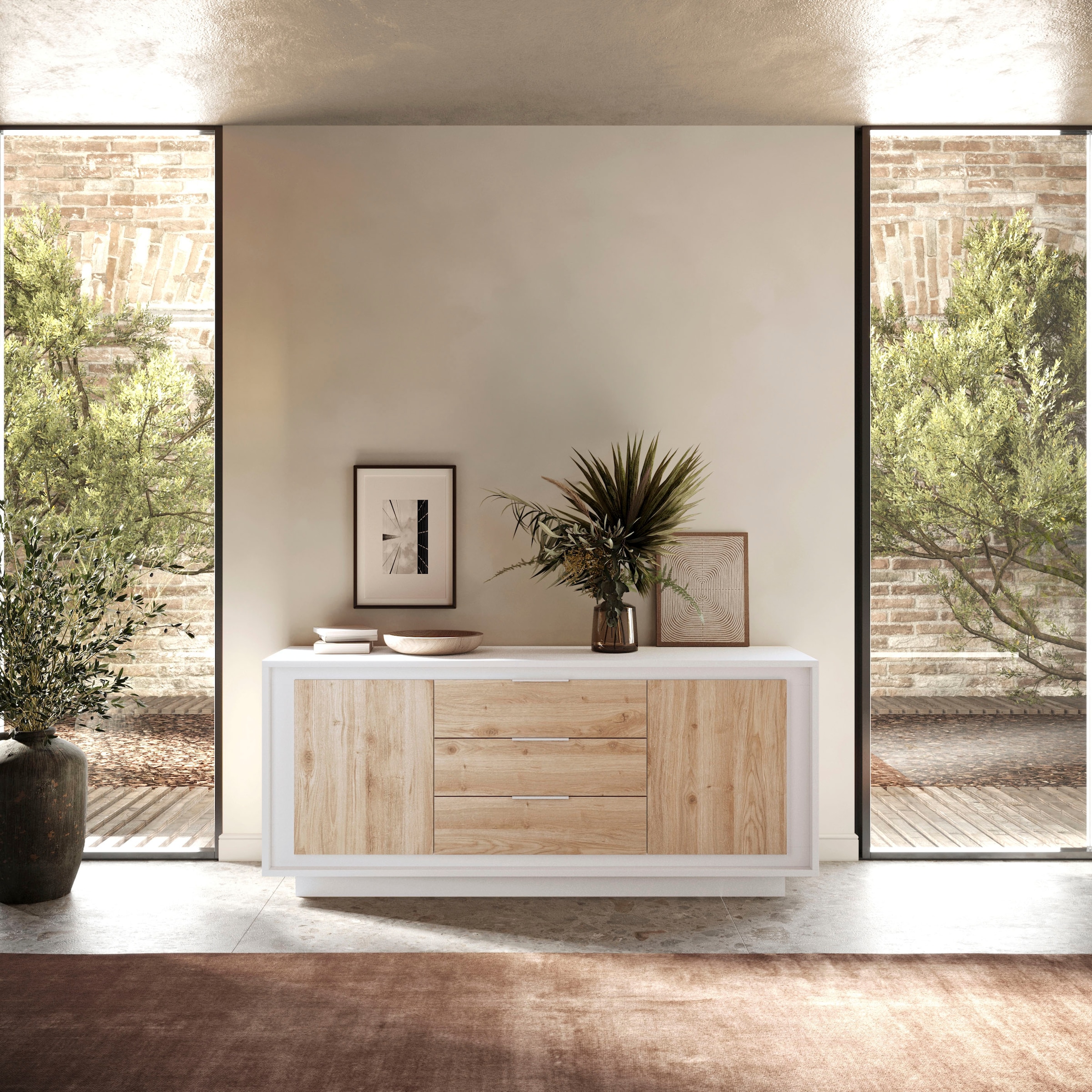 Home affaire Buffet »Sky, B/T 180/50 cm, Kommode/Stauraumschrank, 2 Türen, 3 Schubkästen« Fermeture douce, corps & façade épais de 22 mm, aspect cadre, poignées en métal