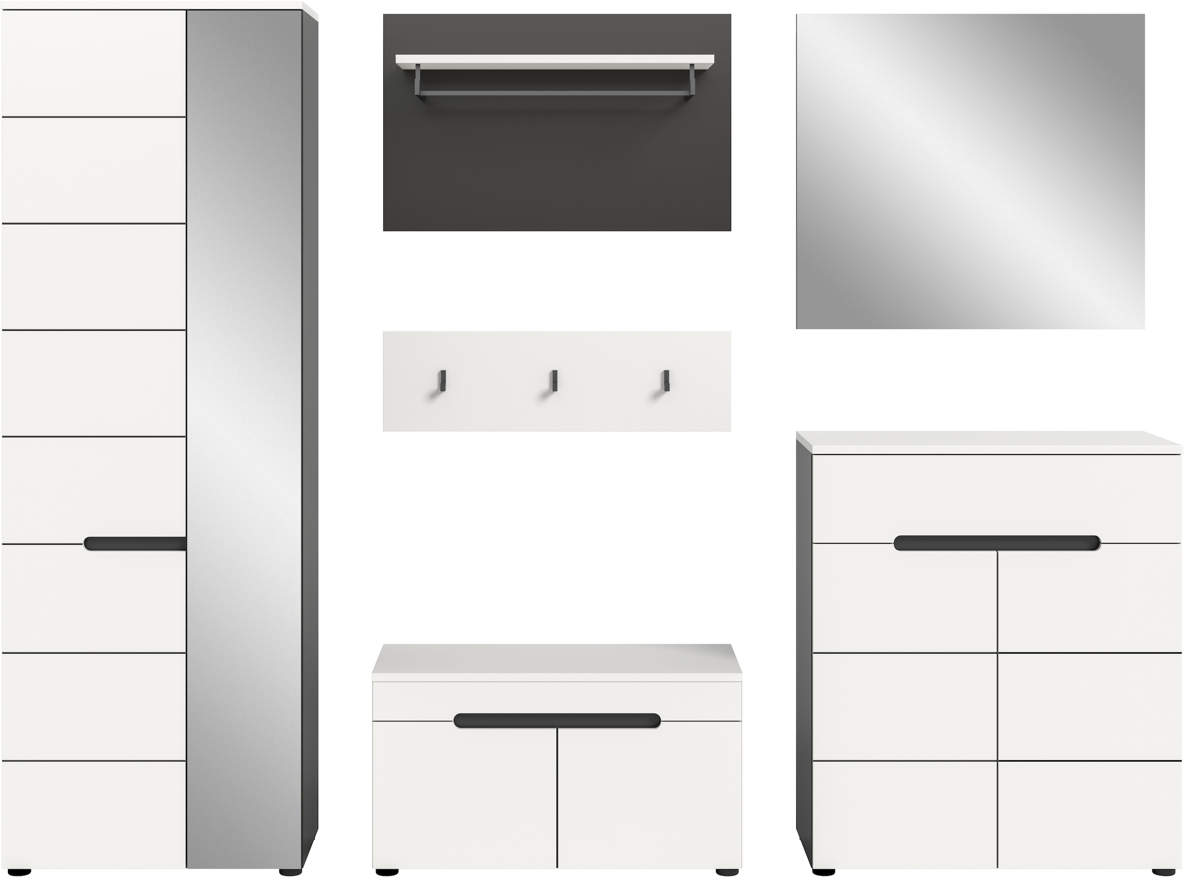 Home affaire Garderoben-Set »Rehat, Garderobenkombination, Breite 255cm« Garderobenschrank, Sitzbank, Paneel, Hakenleiste, Spiegel, Kommode, 6 Stk. tlg.