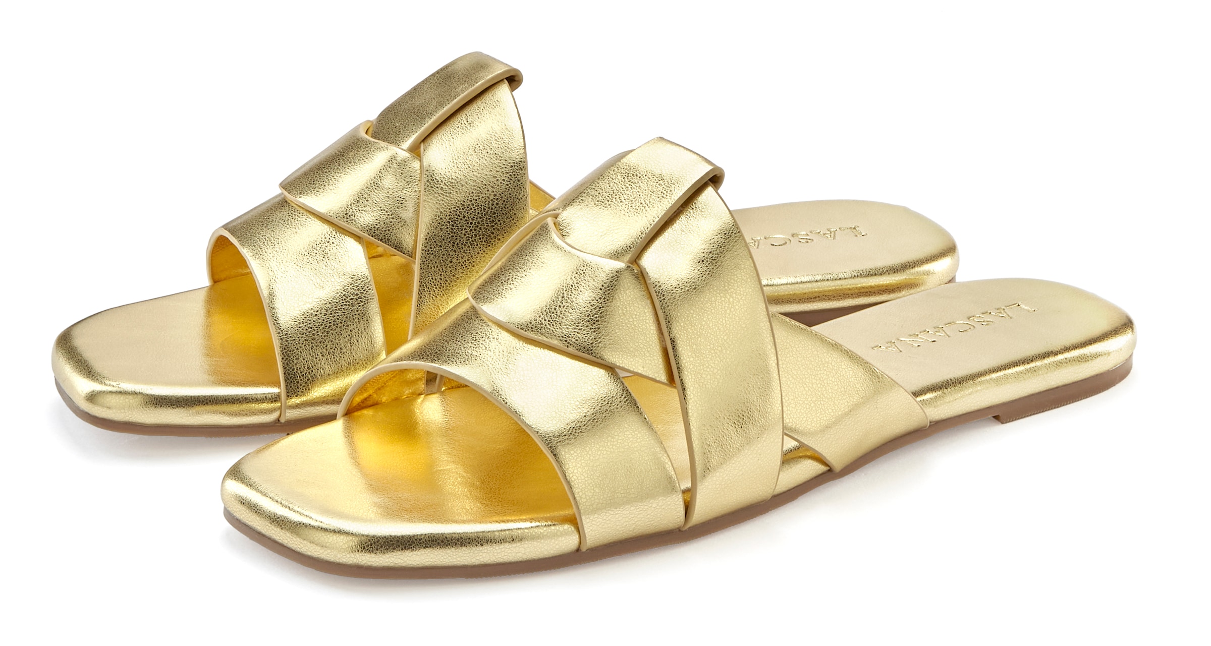 Image of LASCANA Pantolette "Mule, Sommerschuh, offener Schuh, Sandale," im modischen Metallic Look mit raffinierten Riemchen VEGAN