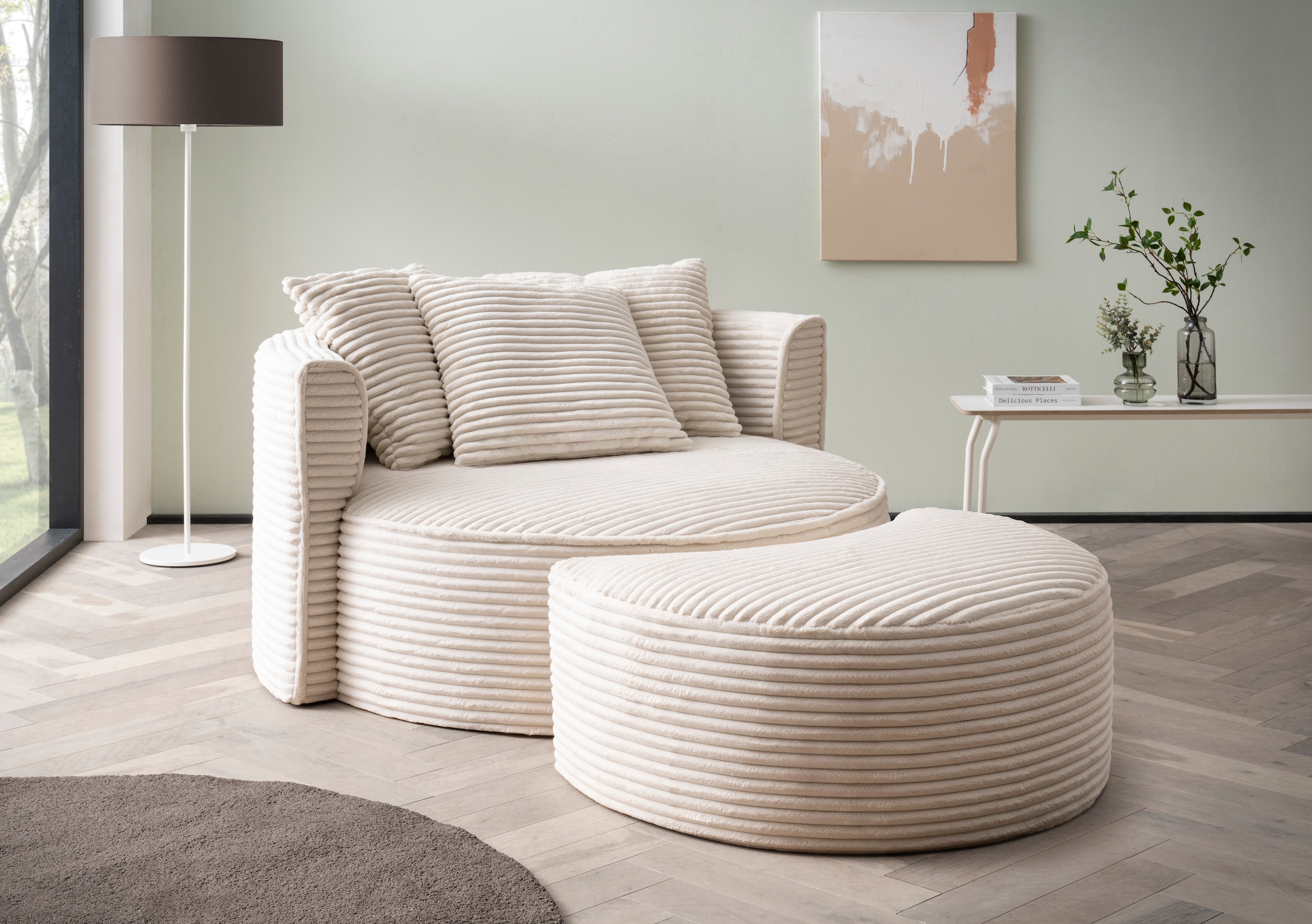 LeGer Home by Lena Gercke XXL-Sessel »Isalie, Rundsessel mit Hocker, Lesesessel, Loveseat, Big-Sessel«, (Set), trendige Stoffe, mit 3 Zierkissen, grosse Sitzfläche