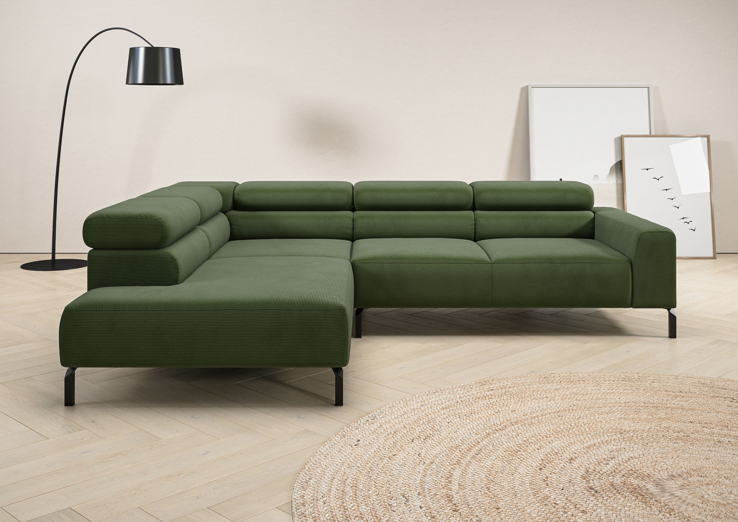 Image of Home affaire Ecksofa "Antonelli, L-Form, inkl. Kopfteilverstellung, Breite 276 cm, bequem" mit elektrischer Sitztiefenverstellung, in Feincord, oliv