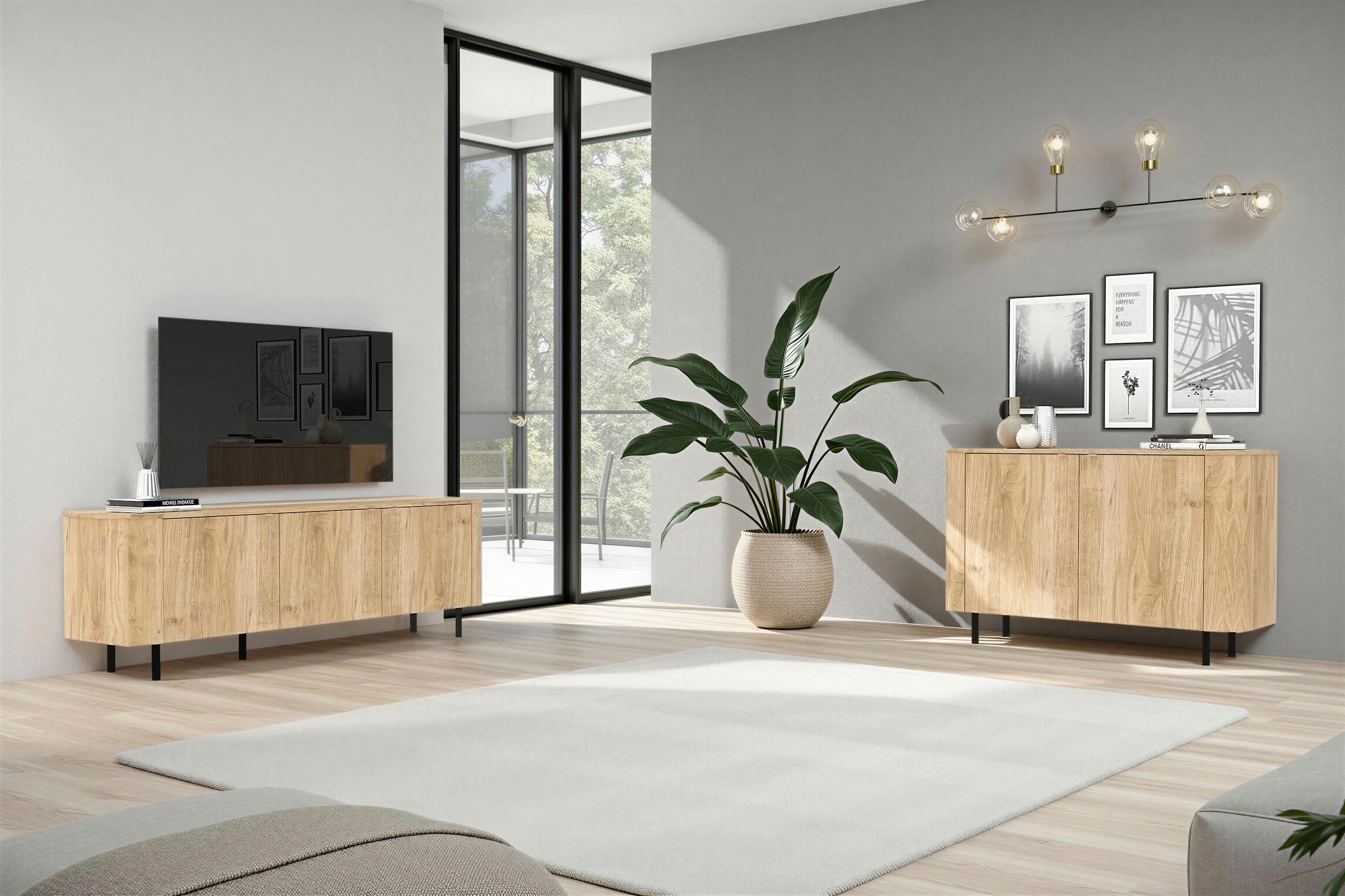 Home affaire Lowboard »Murano, 181 cm breit, 3 Türen, TV-Schrank, TV-Kommode, Medienboard« Formgebogenes MDF, Stirnseiten mit Rundung, Füsse und Griffe aus Metall