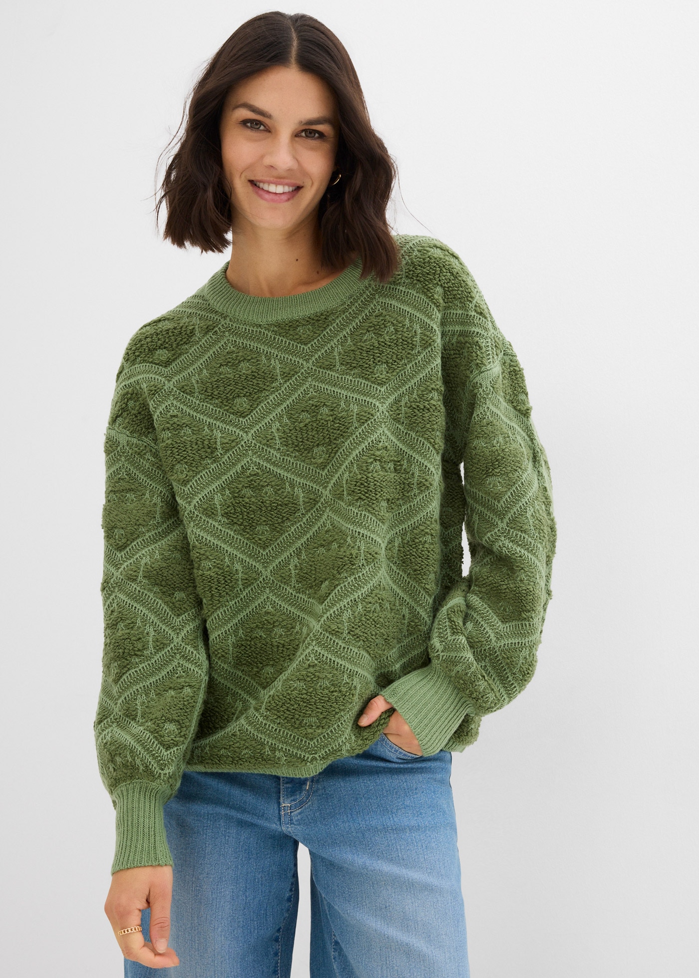 Image of bonprix Strickpullover mit Rundhalsausschnitt, mit Jacquard-Muster, Langarm