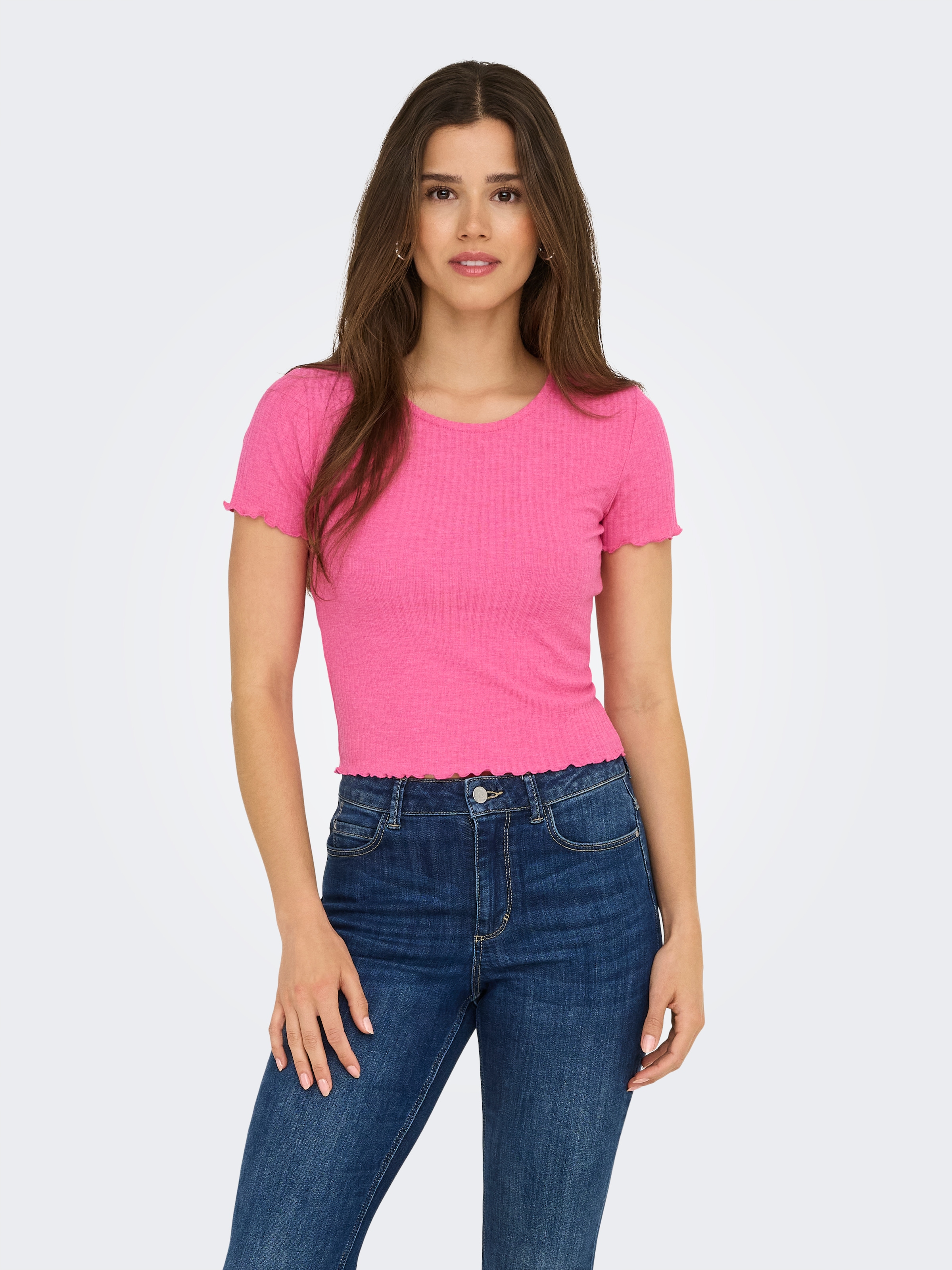 ONLY Shirt à col rond »ONLEMMA S/S SHORT TOP NOOS JRS« Rundhals, modisch, regular fit, gewellter Abschluss, unifarben