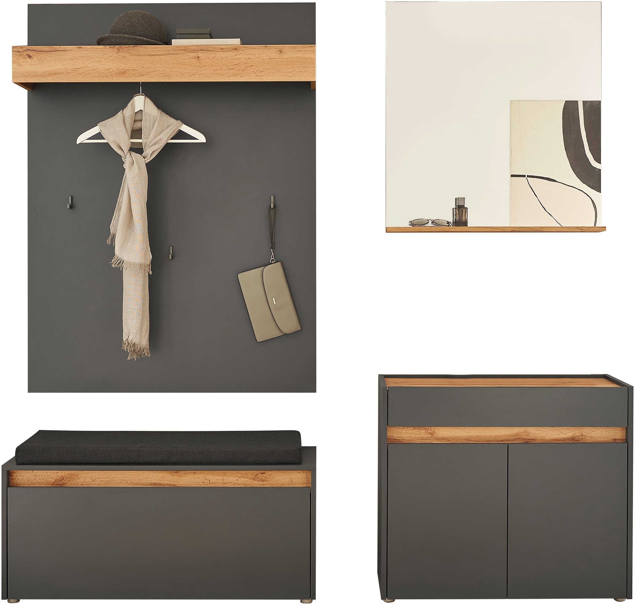 INOSIGN Garderoben-Set »GIRON/ CiTY, Garderobe in Wotan Eiche, moderner Garderobenschrank«, (Komplett-Set, 4 St.), enthält Kommode, Spiegel, Paneel & Schuhbank +Sitzkissen, 190 cm breit