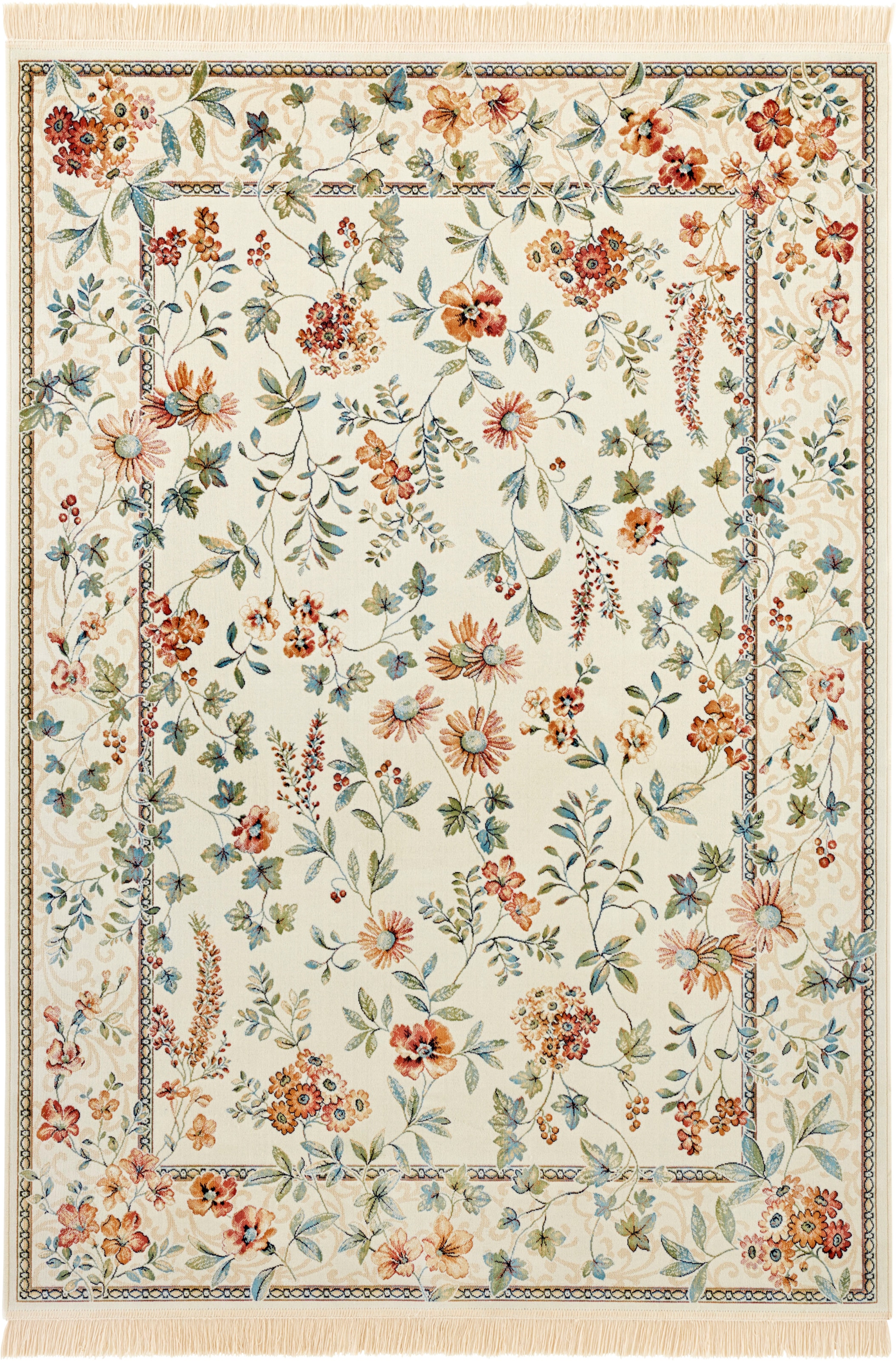 NOURISTAN Teppich »Orient Flowers«, rechteckig, 5 mm Höhe, Kurzflor mit Fransen, Orient, Wohnzimmer, Schlafzimmer, Esszimmer
