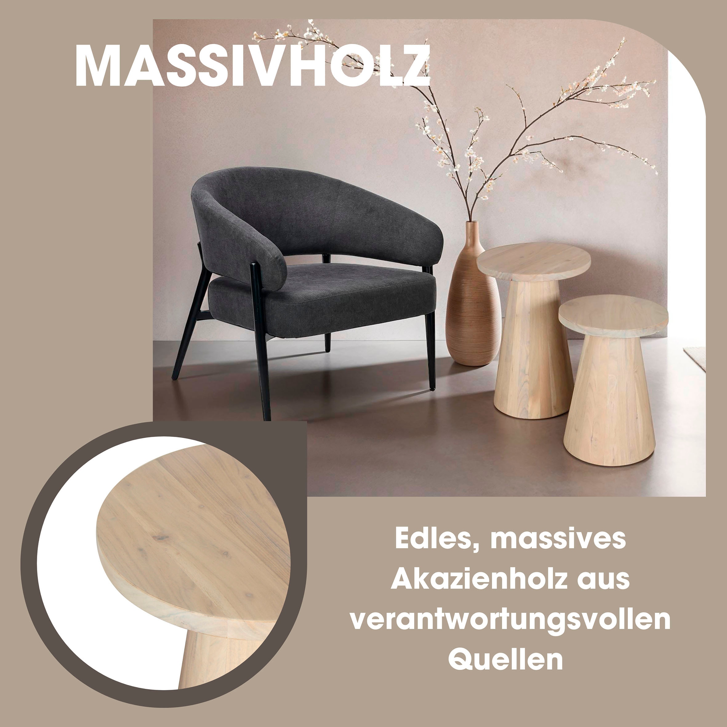 byLIVING Beistelltisch »Cone«, (Set), aus Massivholz in schwarz oder white wash, verschiedenen Grössen