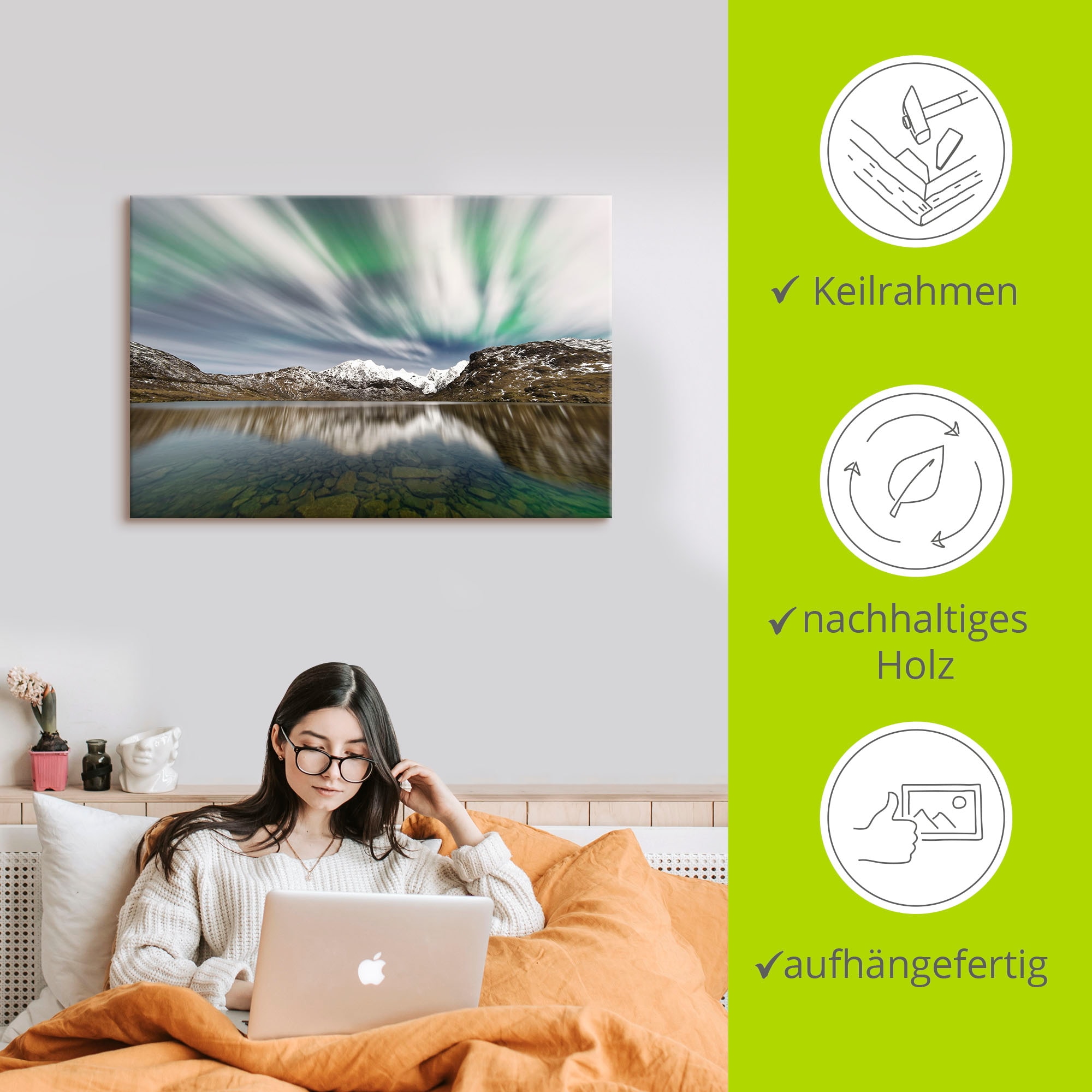 Artland Wandbild »Polarlicht über einer Bergkette«, Berge & Alpenbilder, (1 St.), als Alubild, Leinwandbild, Wandaufkleber oder Poster in versch. Grössen