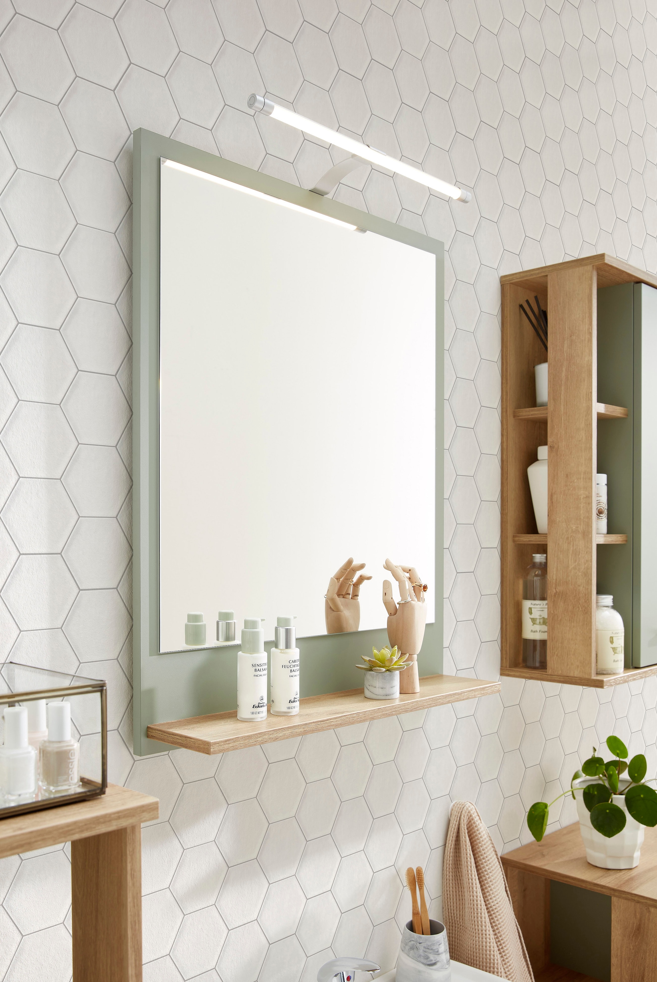 Saphir Miroir de salle de bain »Quickset 963 Spiegel mit Ablage, 60 cm breit, 74,5 cm hoch« Miroir mural imitation sauge, imitation chêne Riviera horizontal