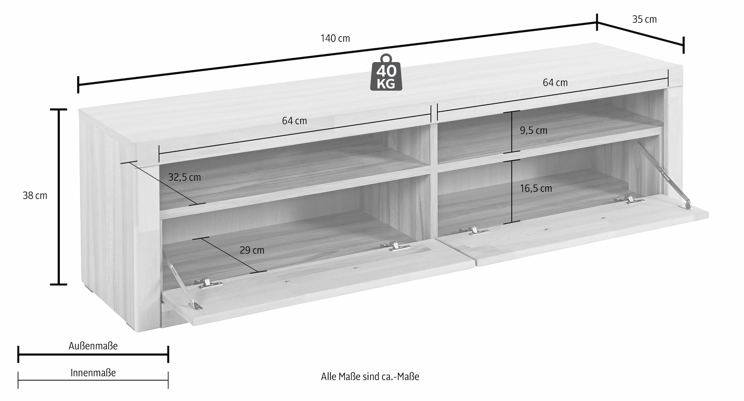 Home affaire Lowboard »Ribe,140cm breit,38cm hoch mit 2 Klappen«, Oberplatte Eiche massiv,schwarze Metall Griffe