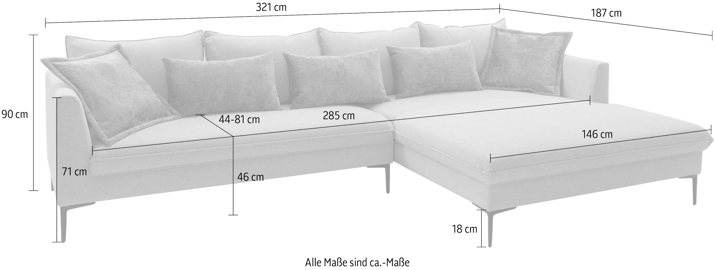 exxpo - sofa fashion Ecksofa »Piazza, elegant und edel, Designsofa mit tollem Sitzkomfort,«, (2 St.), Longchair Ecke in hochwertiger Verarbeitung, Stellmasse 321x187cm
