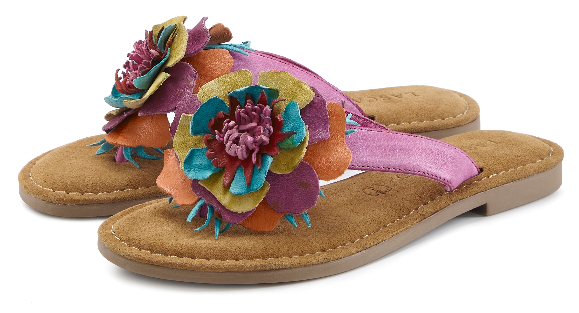 Image of LASCANA Pantolette "Sommerschuh, offener Schuh, Mule, Sandale," NEU aus Leder mit raffinierter Blumen-Applikation